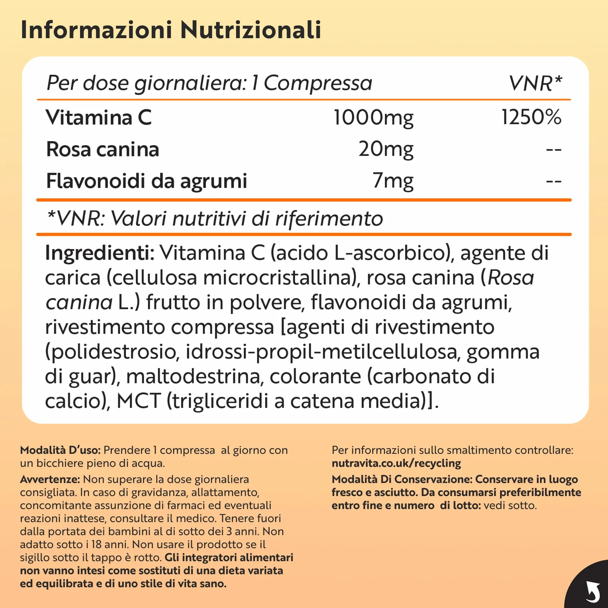 Nutravita Vitamina C 1000mg 180 Compresse con Rosa Canina e Flavonoidi - Acido Ascorbico Vegan