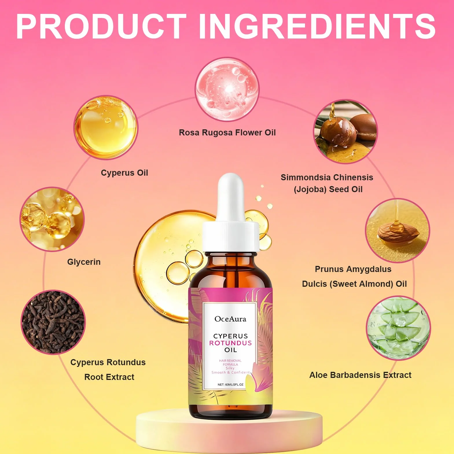 Cyperus Rotundus Oil 60ML Hair Removal, Riduce i pori e inibisce la crescita dei peli, Adatto a tutti i tipi di pelle (Rosa)