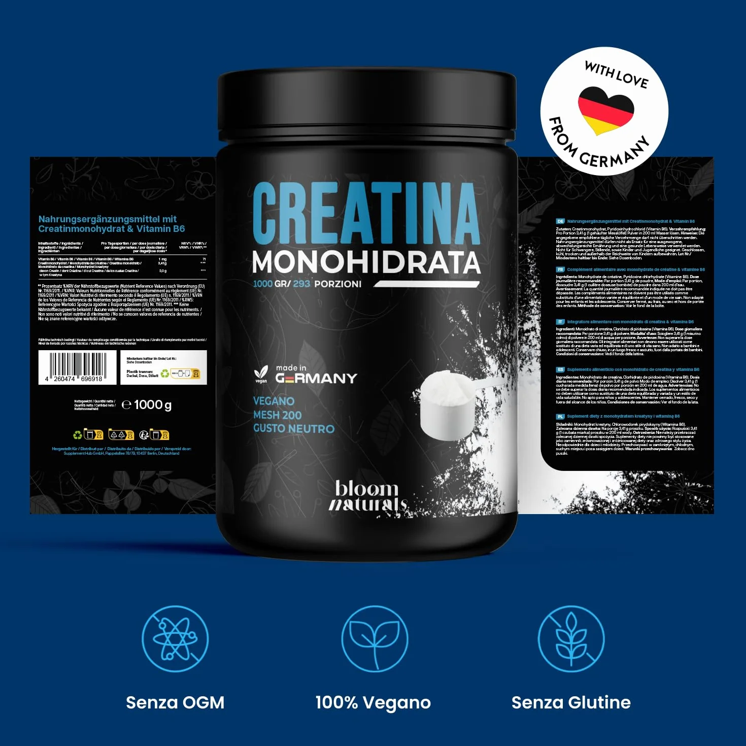 Creatina Monoidrata in Polvere 1000g – 293 Porzioni – Gusto Neutro, Mesh 200 – Vegana, Prodotta in Germania - Creatina Monoidrato Polvere - Creatine Monohydrate Pure - Testato in Laboratorio