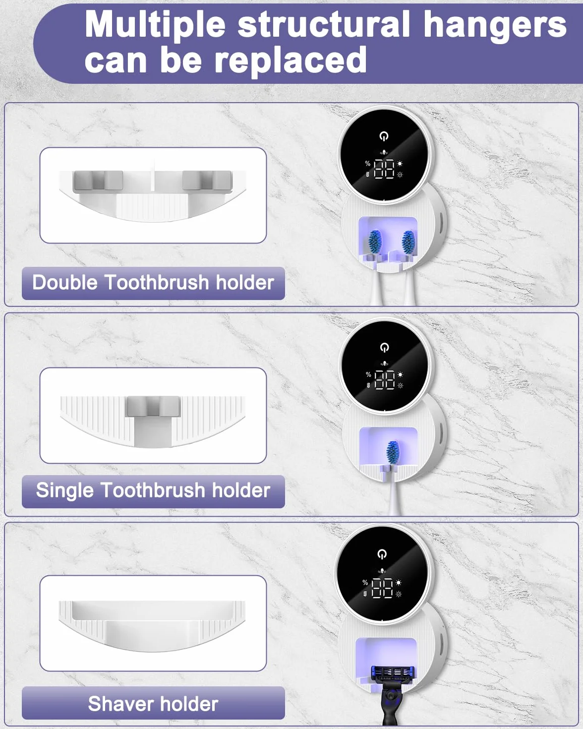 Sanitizer e supporto per spazzolino da denti UV, disinfettante per spazzolino da denti da parete con funzione di sterilizzazione e asciugatura, schermo intelligente a LED, copertura auto-induttiva