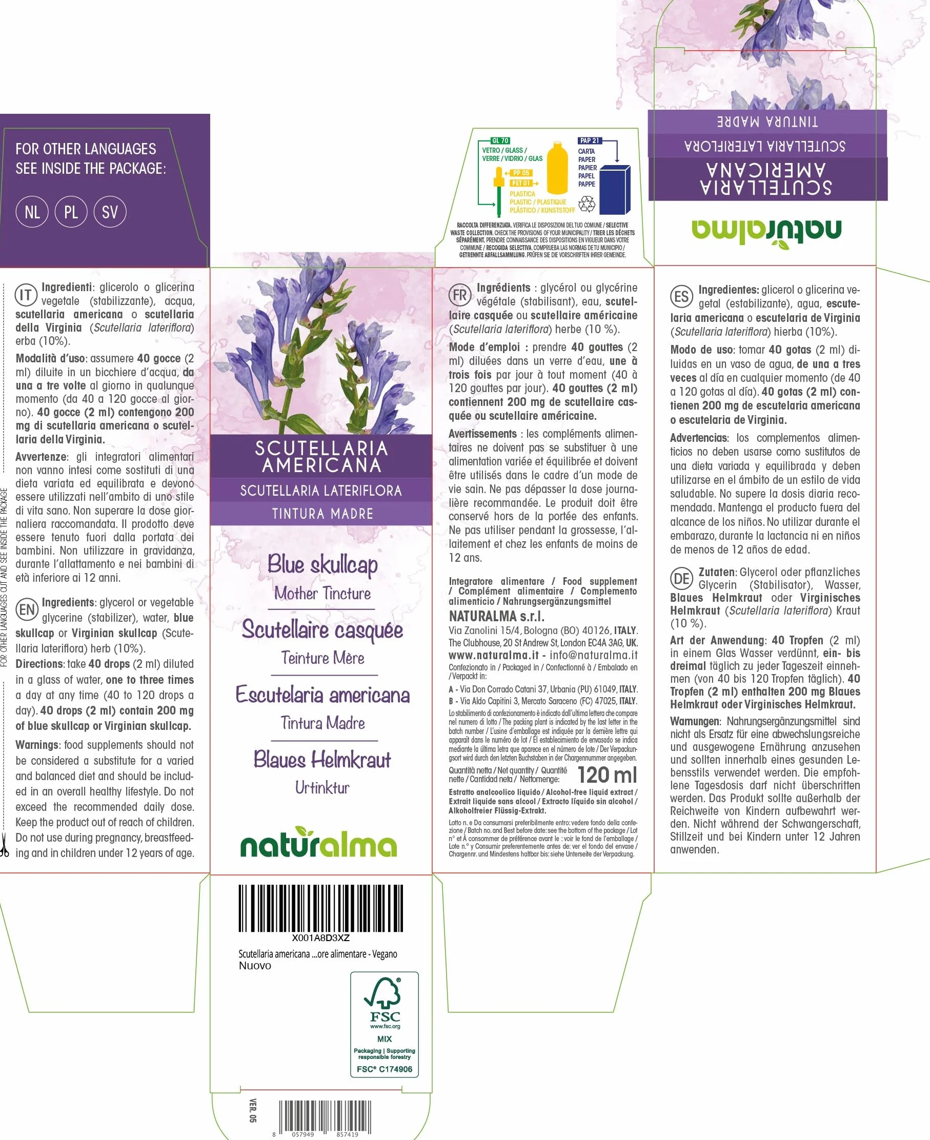 Scutellaria americana o scutellaria della Virginia (Scutellaria lateriflora) erba Tintura Madre analcoolica Naturalma - Estratto liquido gocce 120 ml - Integratore alimentare - Vegano