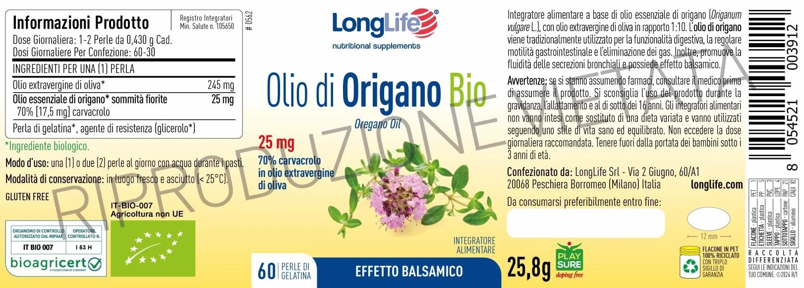 Olio di Origano BIO 70% Integratore Olio Essenziale con Olio Extravergine Oliva 60 Perle Senza Glutine