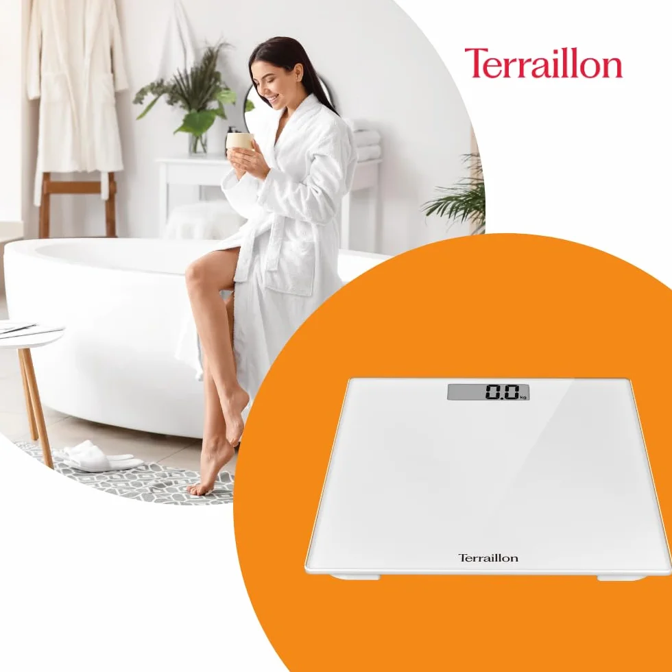 TERRAILLON - Bilancia Pesapersone Digitale TSQUARE BIANCO- Compatto e ultra piatto 26 cm x 26 cm - Vassoio vetro-ampio schermo LCD-capacità 180 kg - Graduazione 100 g - Bianco