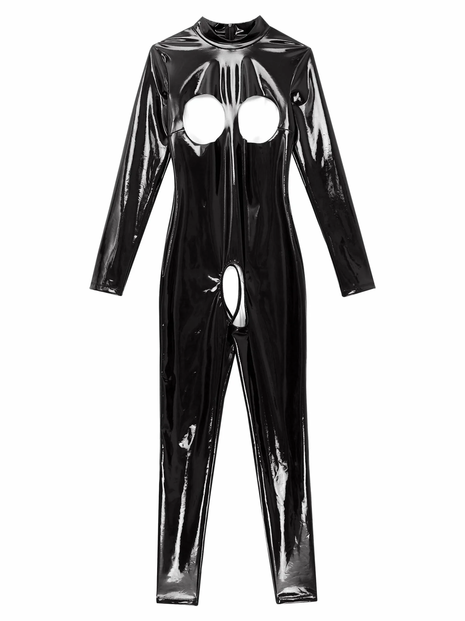 Sxiwei Donna Wetlook Bodysuit Ouvert Latex Catsuit Pelle Tuta Jumpsuit Maniche Lunghe Lingerie