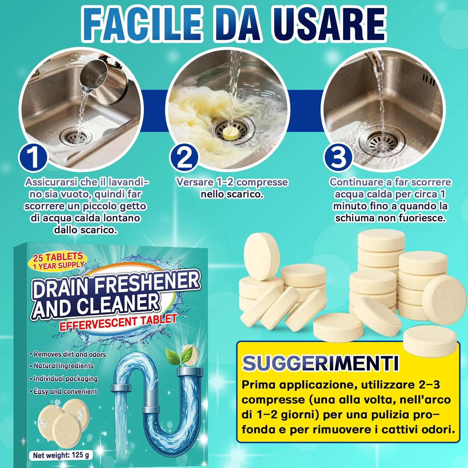 Pastiglie per la Pulizia degli Scarichi Maleodoranti 25 Compresse Effervescenti Elimina Odori Lavandino WC Doccia Cucina PVC Acciaio