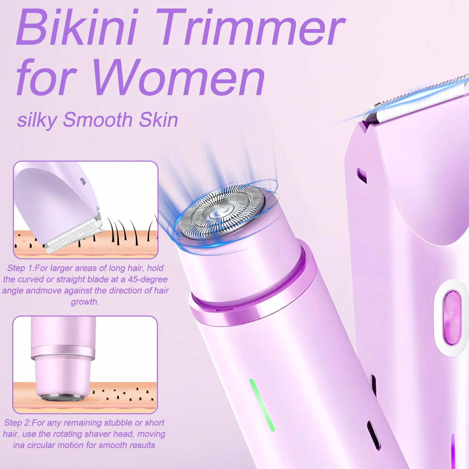 Rasoio Elettrico Donna, 2 in 1 IPX7 Rasoio Elettrico Intimo Donna, Depilazione Indolore Rasoio per Corpo Ascelle Gambe Bikini, Uso Bagnato e Asciutto(Viola)