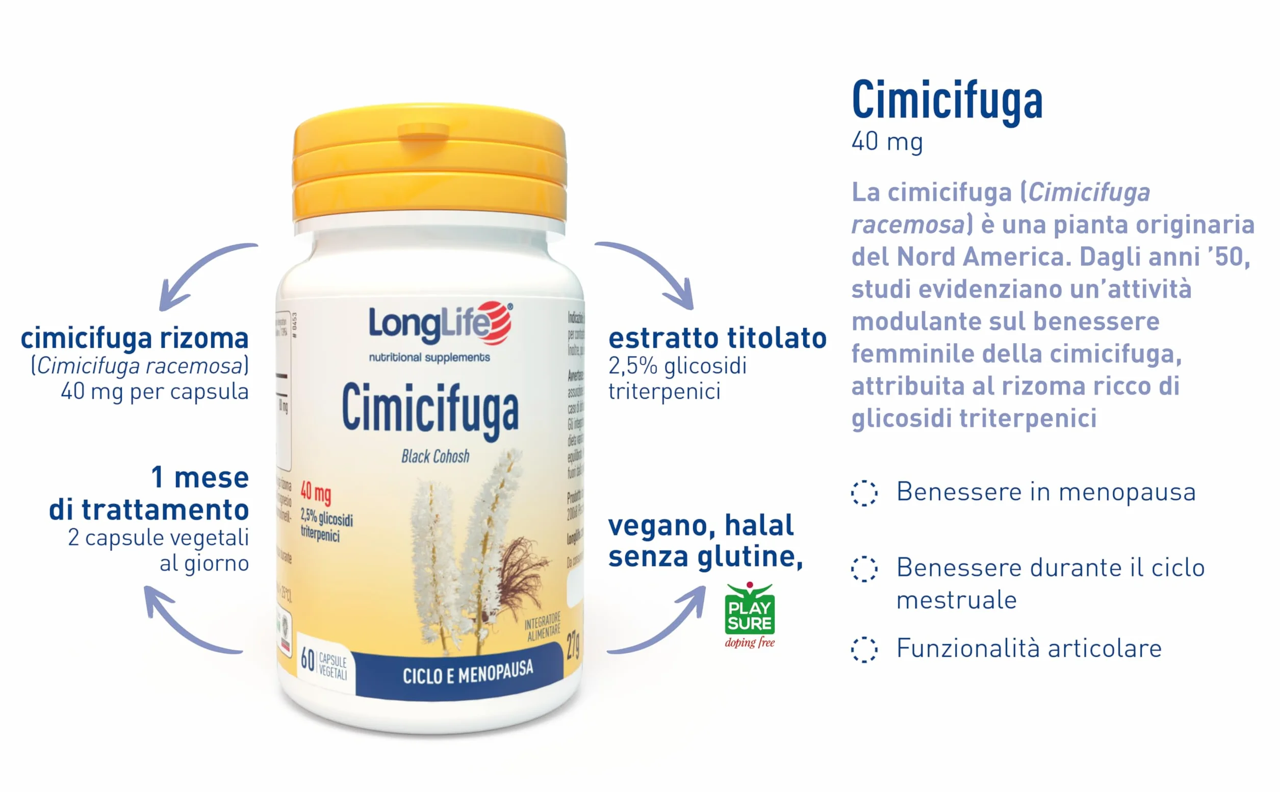 LongLife Cimicifuga Integratore titolata 2,5% glicosidi triterpenici Benessere menopausa Funzione articolare Vegano senza glutine