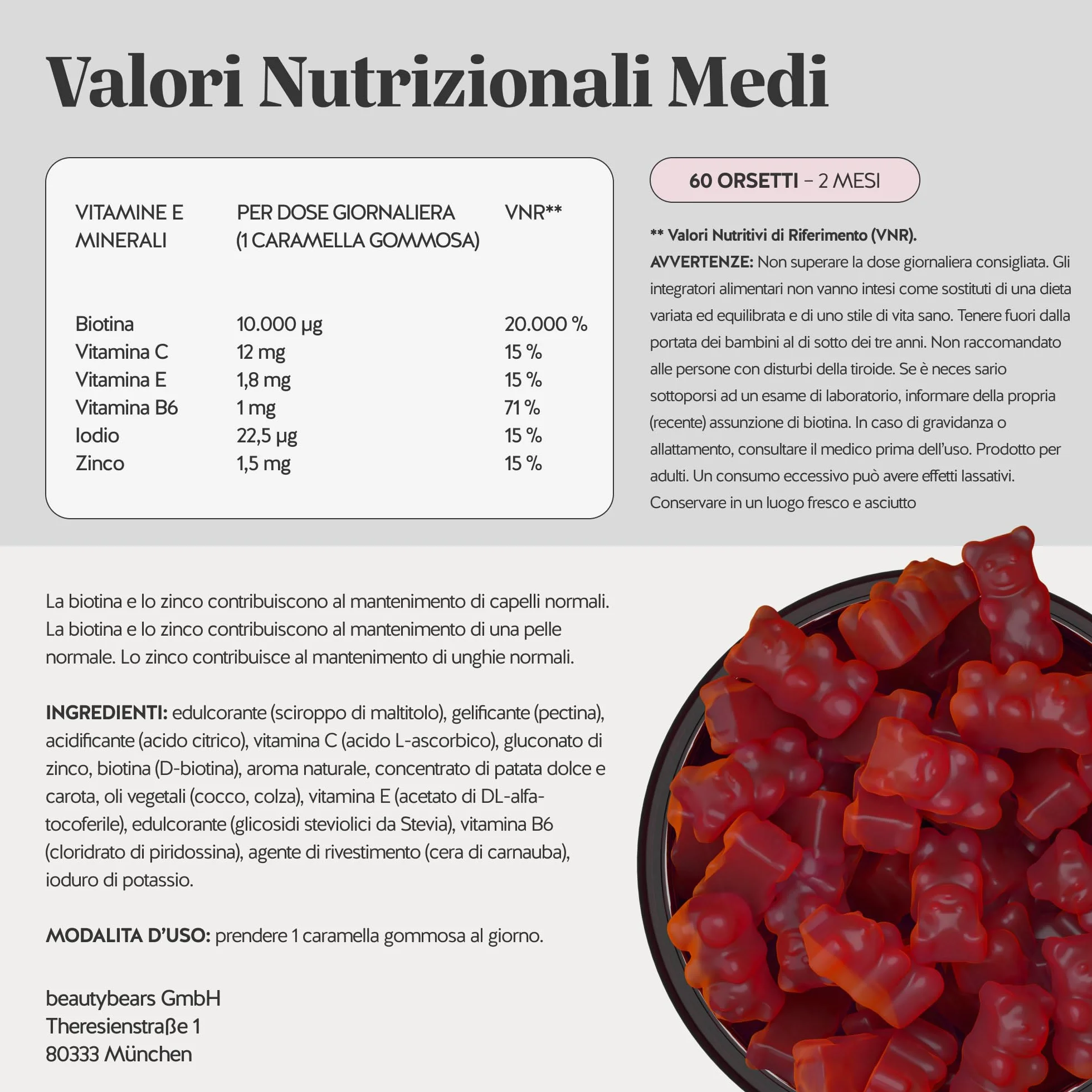 Biotina Gummies Ah-mazing Hair – Integratori per Capelli – 10.000 µg, Zinco, Vitamina B6, C, E, Iodio – Pack 2x30 (2 Mesi), Vegane, Senza Zucchero