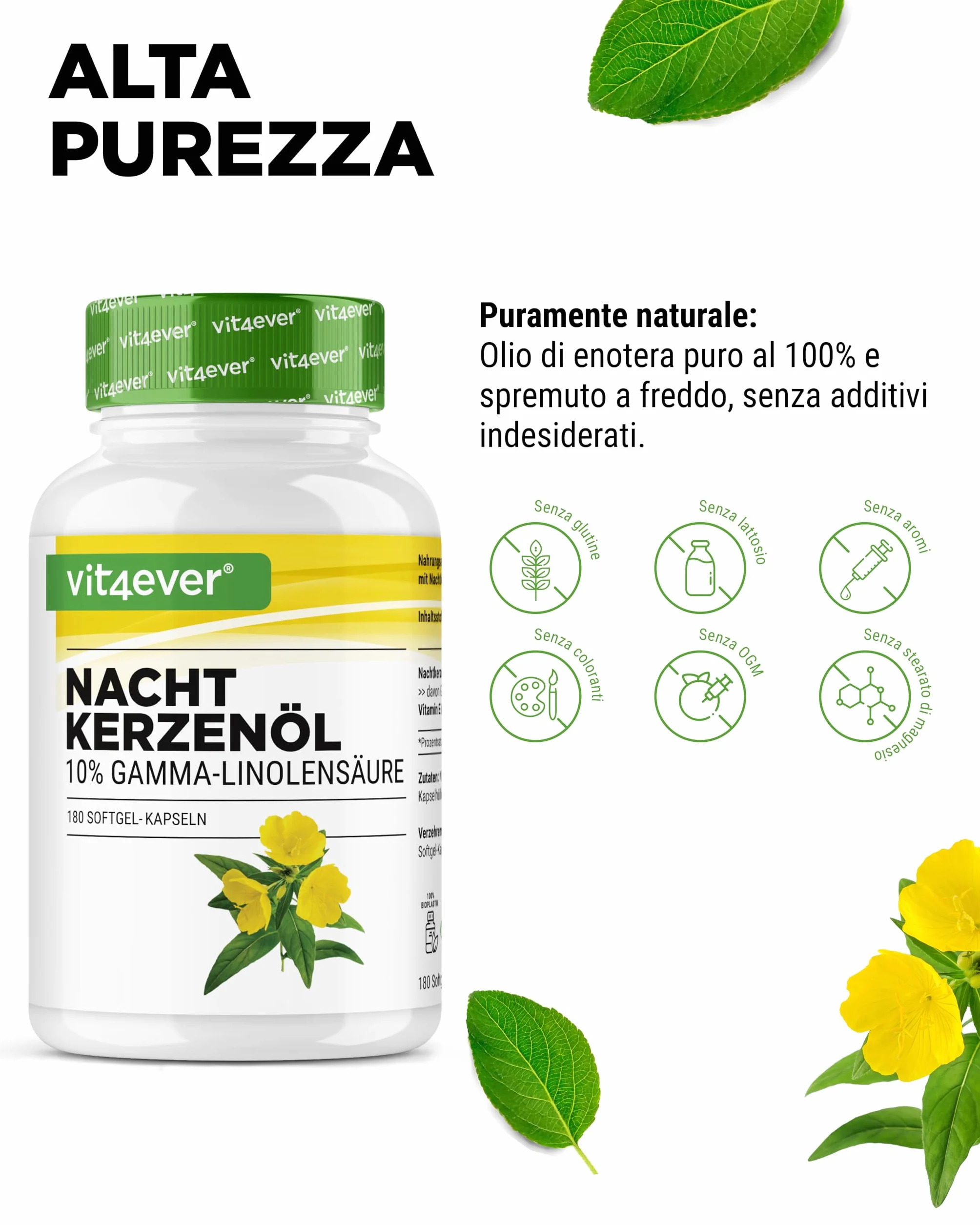 Olio di enotera 180 capsule 2000 mg per dose acido gamma-linolenico GLA 10% vitamina E pressato a freddo