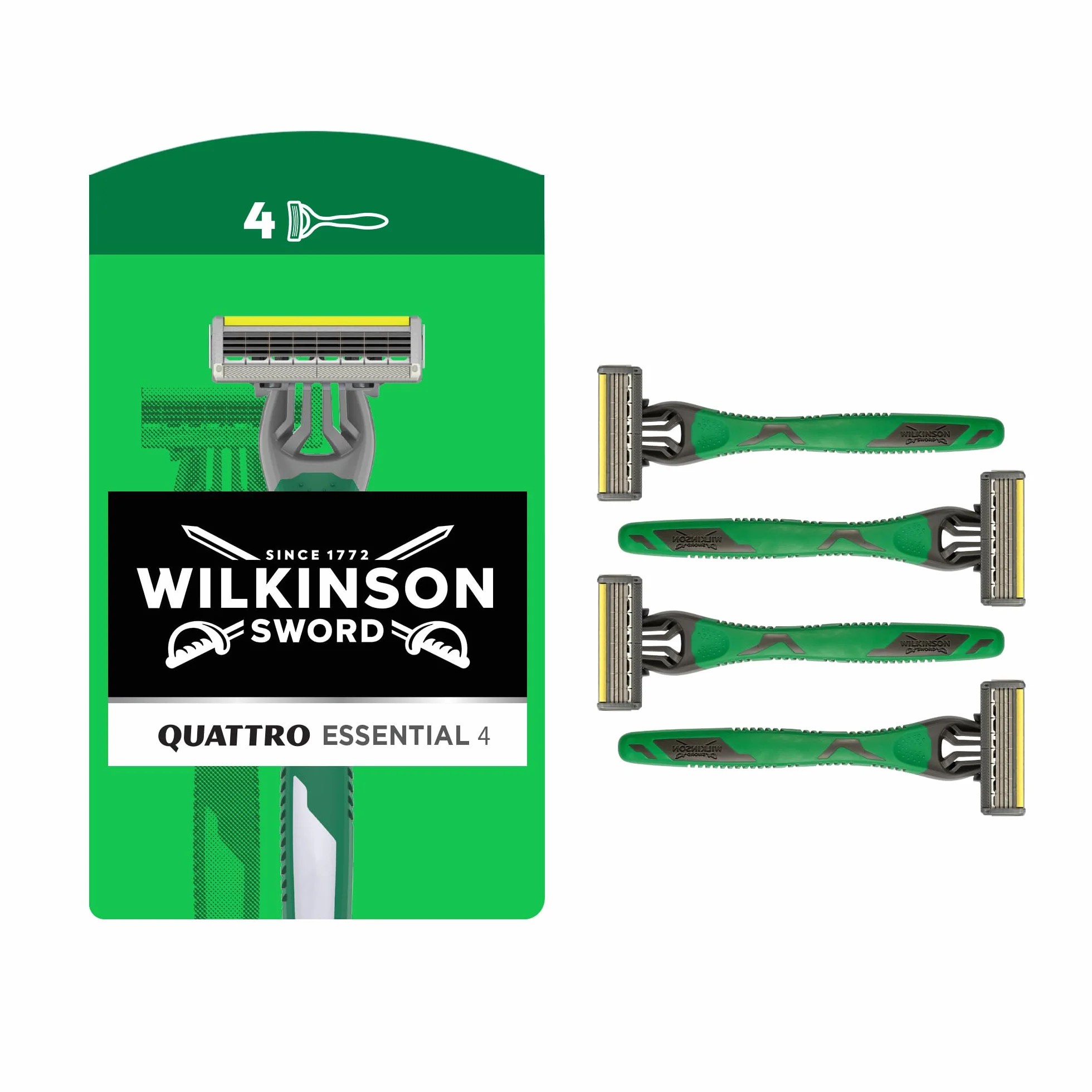 Wilkinson Sword - Quattro Essential 4 Sensitive - Rasoio Usa & Getta - Rasoio a 4 Lame per Uomo con Striscia Lubrificante con Aloe - Lame rivestite in Diamante - Confezione x3+1