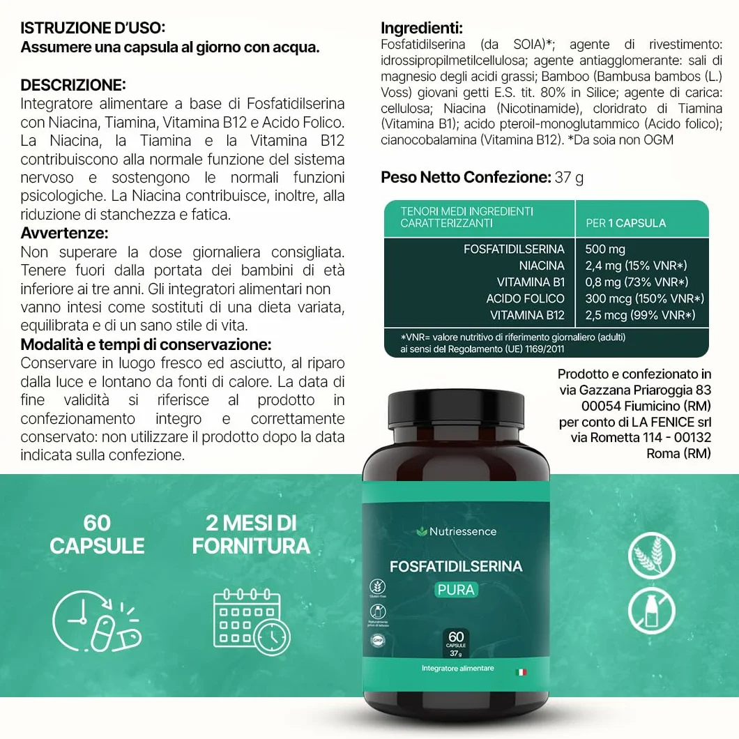 Fosfatidilserina 500 mg | Maxi Dosaggio Formato 60 Capsule | 2 Mesi di Rifornimento | Con Vitamine B1, B3, B9 e B12 | Migliora Memoria, Concentrazione e Focus Mentale |Senza Glutine e Lattosio