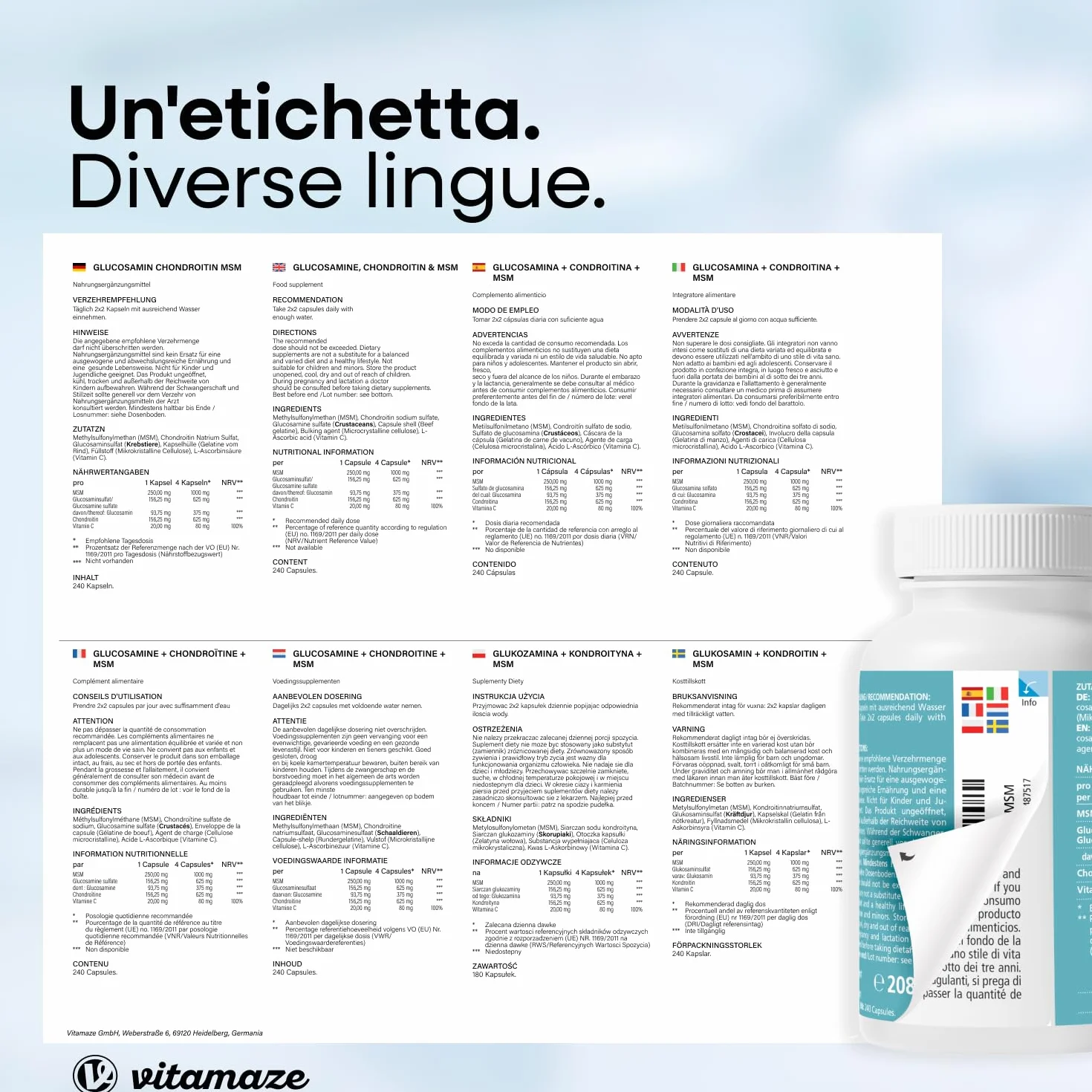 Glucosamina Condroitina MSM 2250 mg con Vitamina C, 240 Capsule, Articolazioni e Cartilagine Integratori, Alto Dosaggio, Naturale senza Additivi non Necessari, Qualitá Tedesca - Vitamaze®