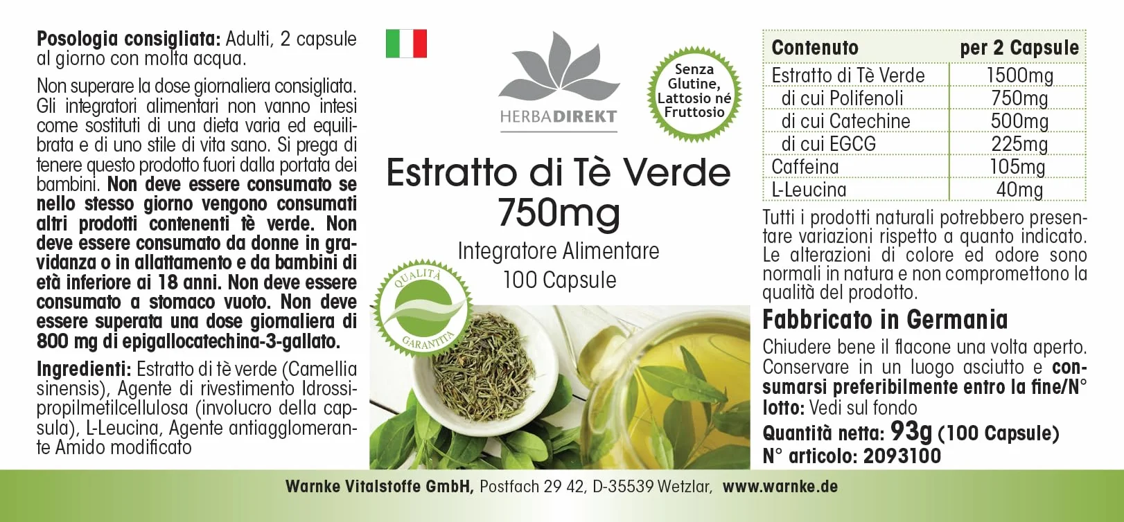 Estratto di tè verde 750 mg capsule - 100 capsule - polifenoli - catechine - EGCG - caffeina - ad alto dosaggio - vegano | HERBADIREKT by Warnke Vitalstoffe - Qualità farmaceutica tedesca