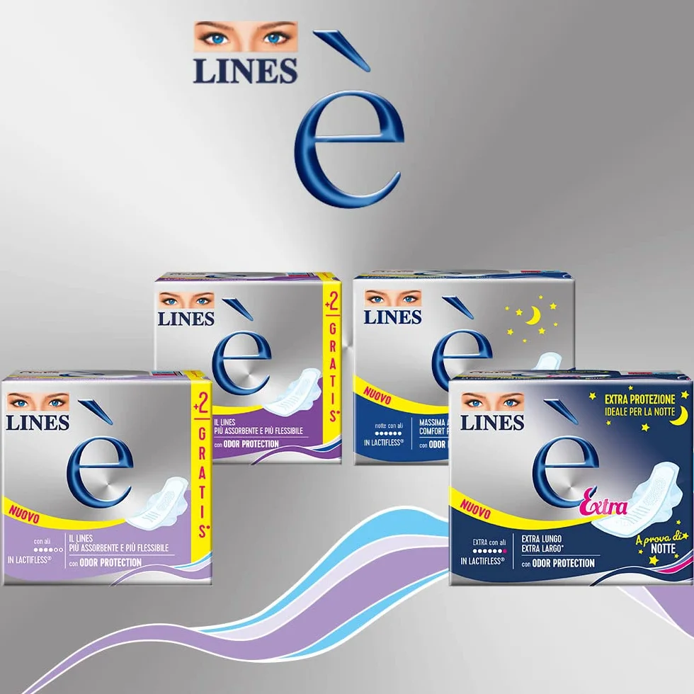 LINES È GIORNO con ali, Pacco scorta da 132 assorbenti per ciclo mestruale, l'unico con struttura in Lactifless, il più assorbente e flessibile della gamma Lines, con Odor Protection