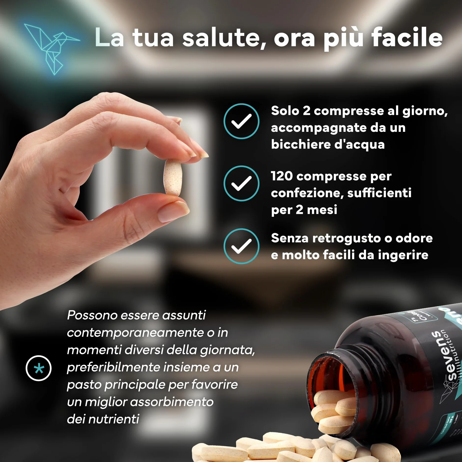 Collagene Marino con Acido Ialuronico Idrolizzato Puro - Integratore 120 Capsule – Pelle, Ossa e Articolazioni – Sevens