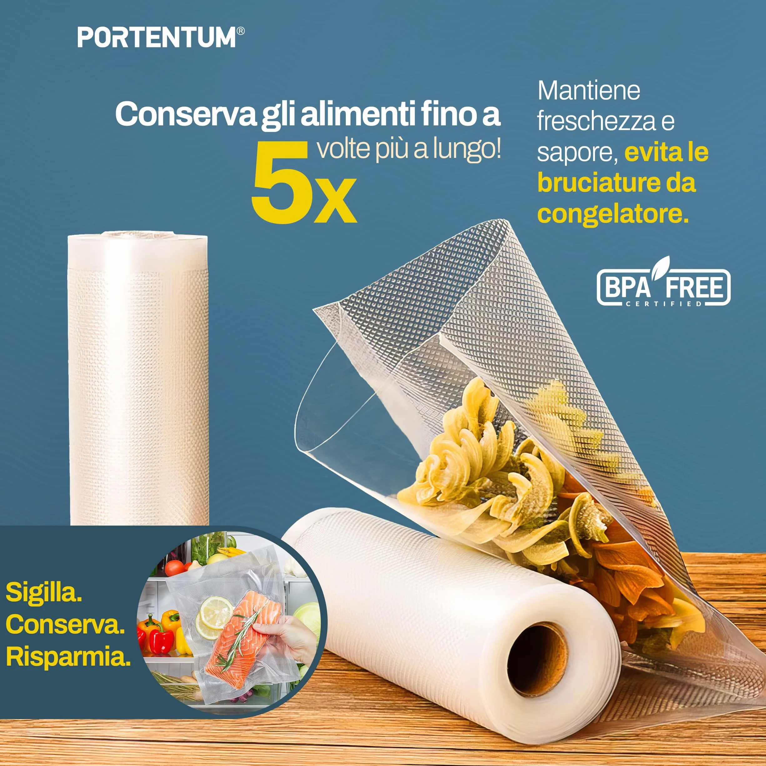 PORTENTUM Sacchetti Sottovuoto Alimenti, 3 rotoli 20 x 300 cm 9 m per conservazione e Sous Vide