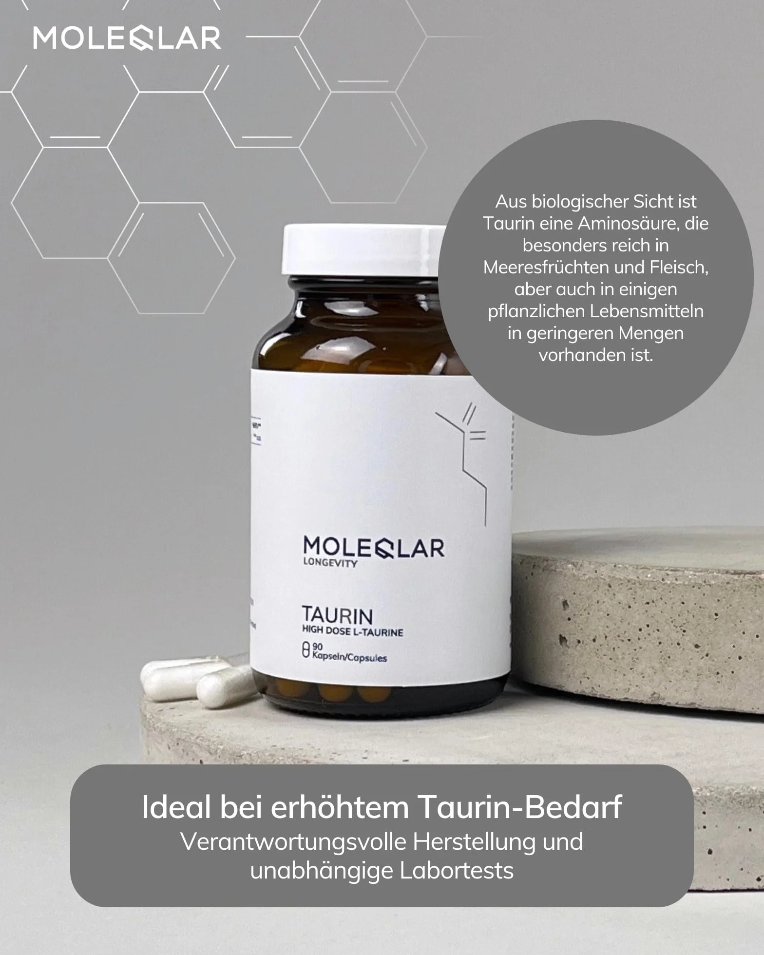 MoleQlar Capsule di taurina 90 pezzi – 2550 mg L-taurina ad alta purezza per porzione – Supporto ottimale in caso di maggiore necessità di taurina – vegano, ad alta purezza, senza OGM