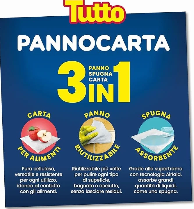 Tutto Pannocarta 3 in 1, 24 Rotoli Carta Multiuso, Extra Assorbente, Lavabile, Riutilizzabile, Made in Italy
