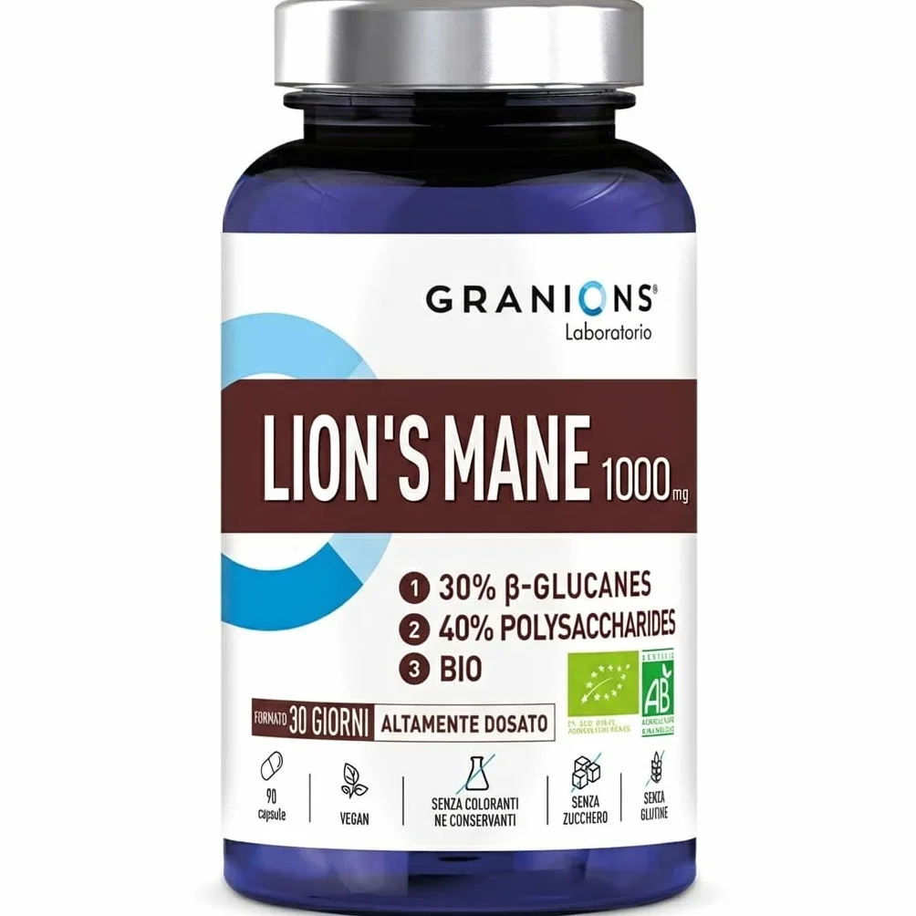 Granions Lion's Mane Bio 1000 mg 90 Capsule Vegetali 40% Polisaccaridi 30% Beta-Glucani KSM Hericium erinaceus Vegan Senza Glutine