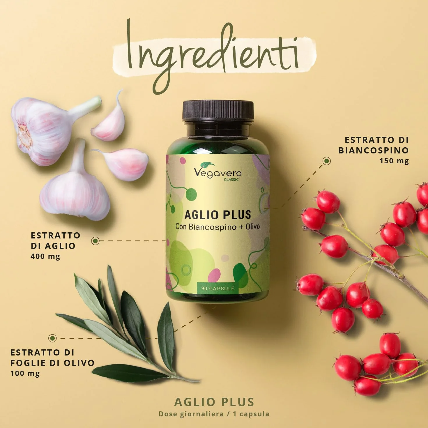 Aglio + Biancospino + Ulivo Vegavero® | Estratti titolati: 1% di Allicina, 3% di Flavoni e 40% Oleuropeina | Integratore in Capsule per la Pressione Sanguigna* | Vegan