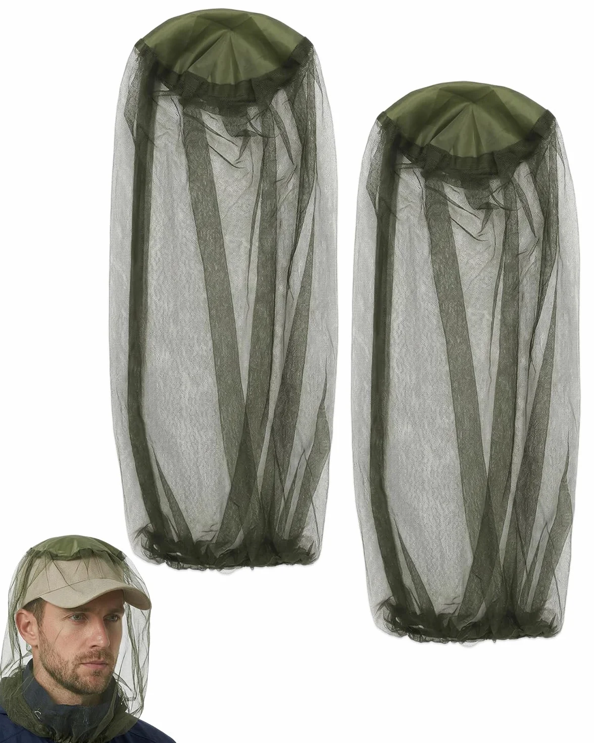 Cappello Zanzariera 2 Pezzi Verde Militare Rete a Maglie Fini Protezione Integrale Traspirante per Outdoor