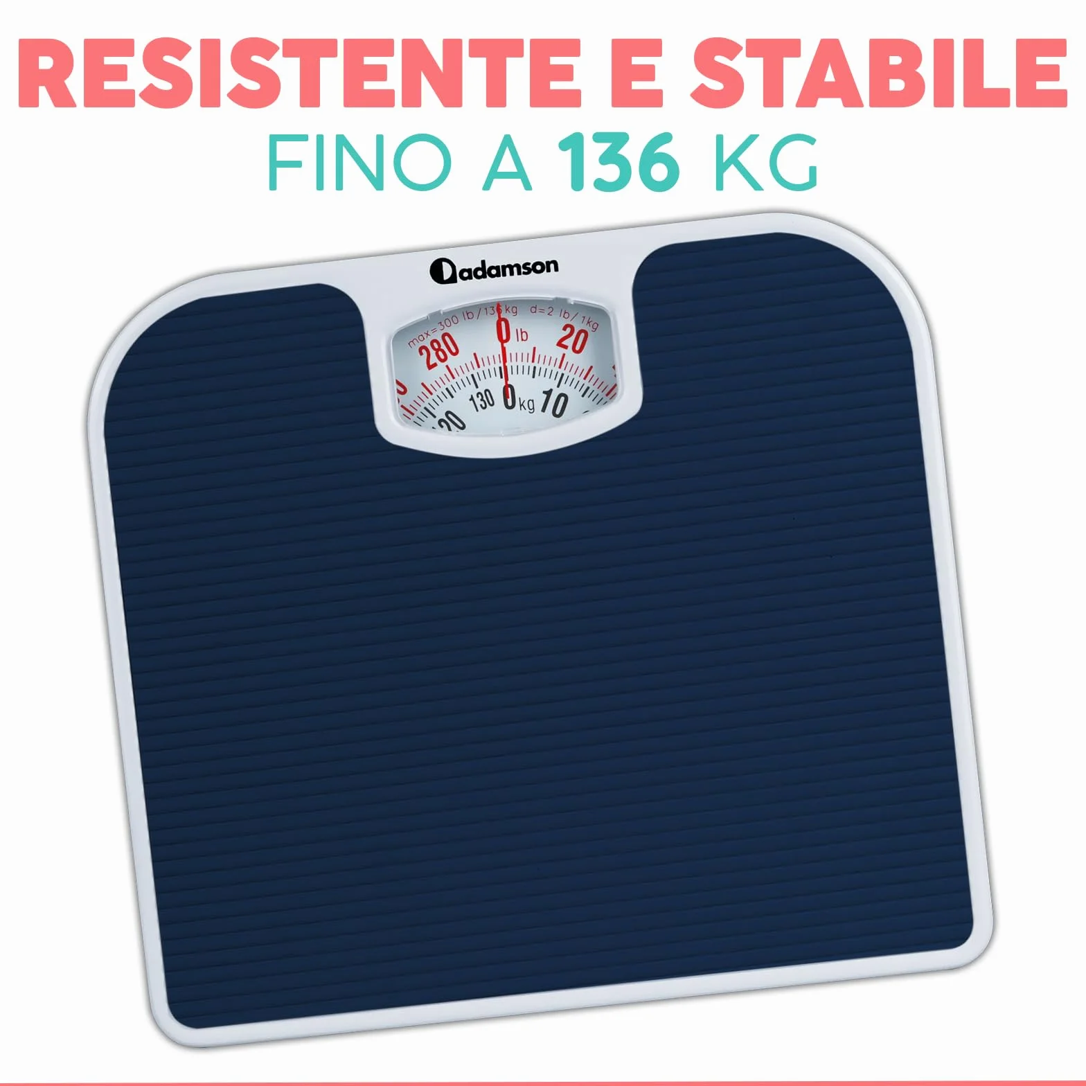 Adamson A21 Bilancia Pesapersone Meccanica - Fino a 136 KG - Superficie in Gomma Antiscivolo - Bilancia Pesapersone Analogica - Bilancia Analogica con 20 Anni DI Garanzia - Blu