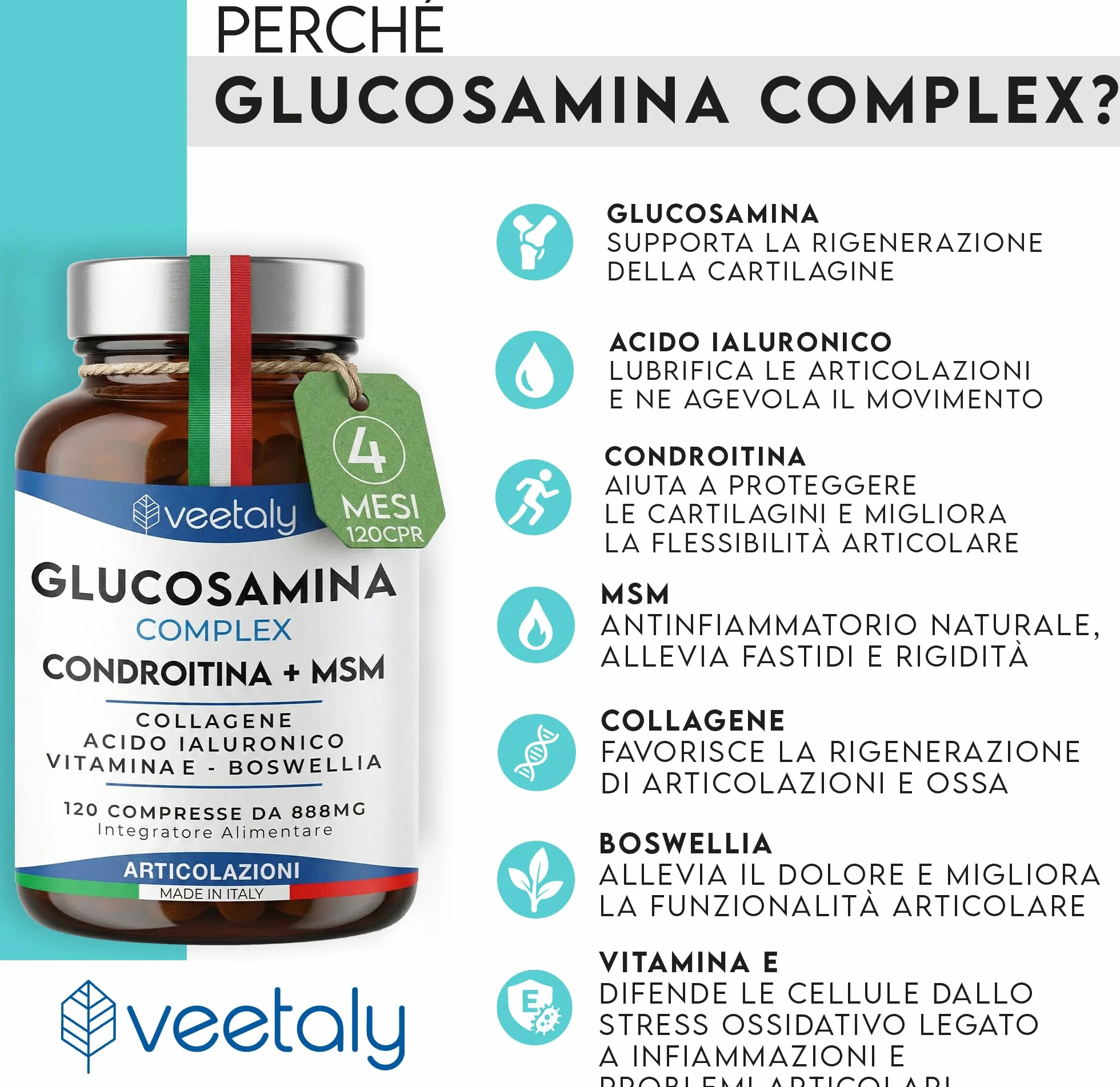 Glucosamina Condroitina MSM 888mg - Integratore Articolazioni e Cartilagine Ginocchio con Collagene, Acido Ialuronico, Vitamina E, Boswellia - 4 Mesi, 120 Compresse da 888 mg