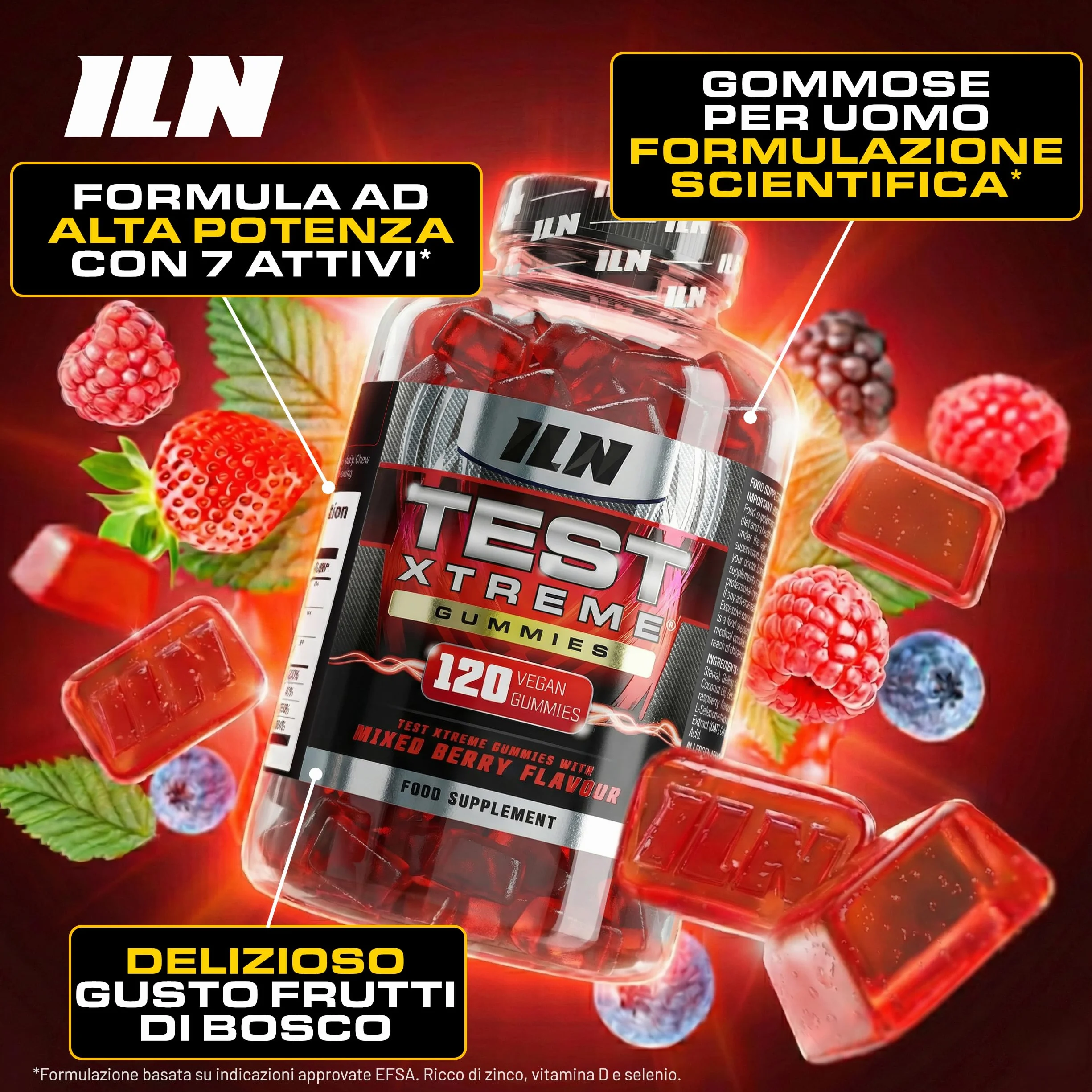 Test Xtreme Gommose Uomo - Booster Alta Potenza con Maca 30:1, Ginseng, Zinco - Senza Zucchero, Frutti di Bosco - 120 Gommose Vegane