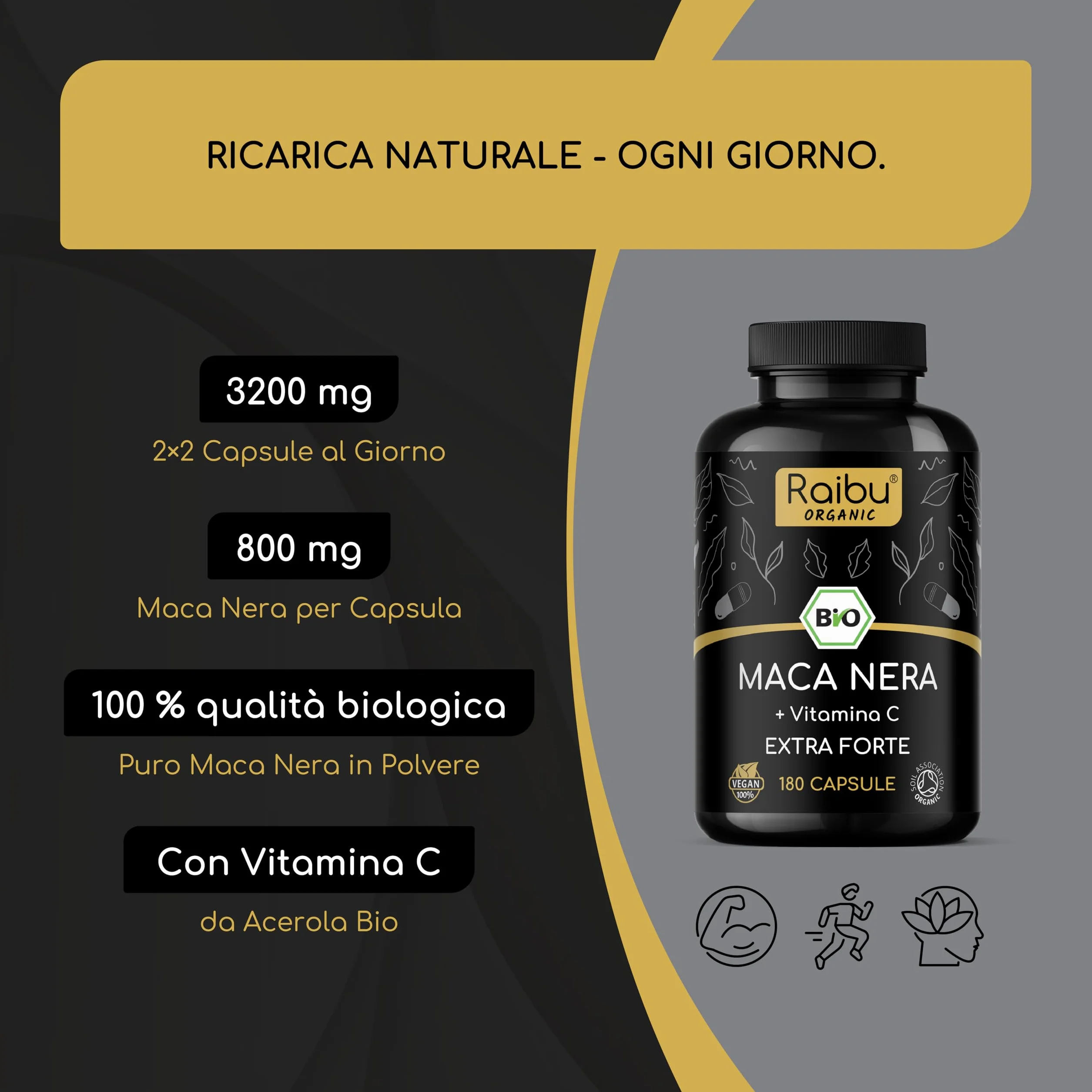 Maca Peruviana Nera BIO Extra Forte - 12.800 mg Maca Nera al giorno (equivalente a 3.200 mg) - Equilibrio Ormonale, Energia, Benessere - Originaria del Perù & Certificata BIO - 180 Capsule Vegane