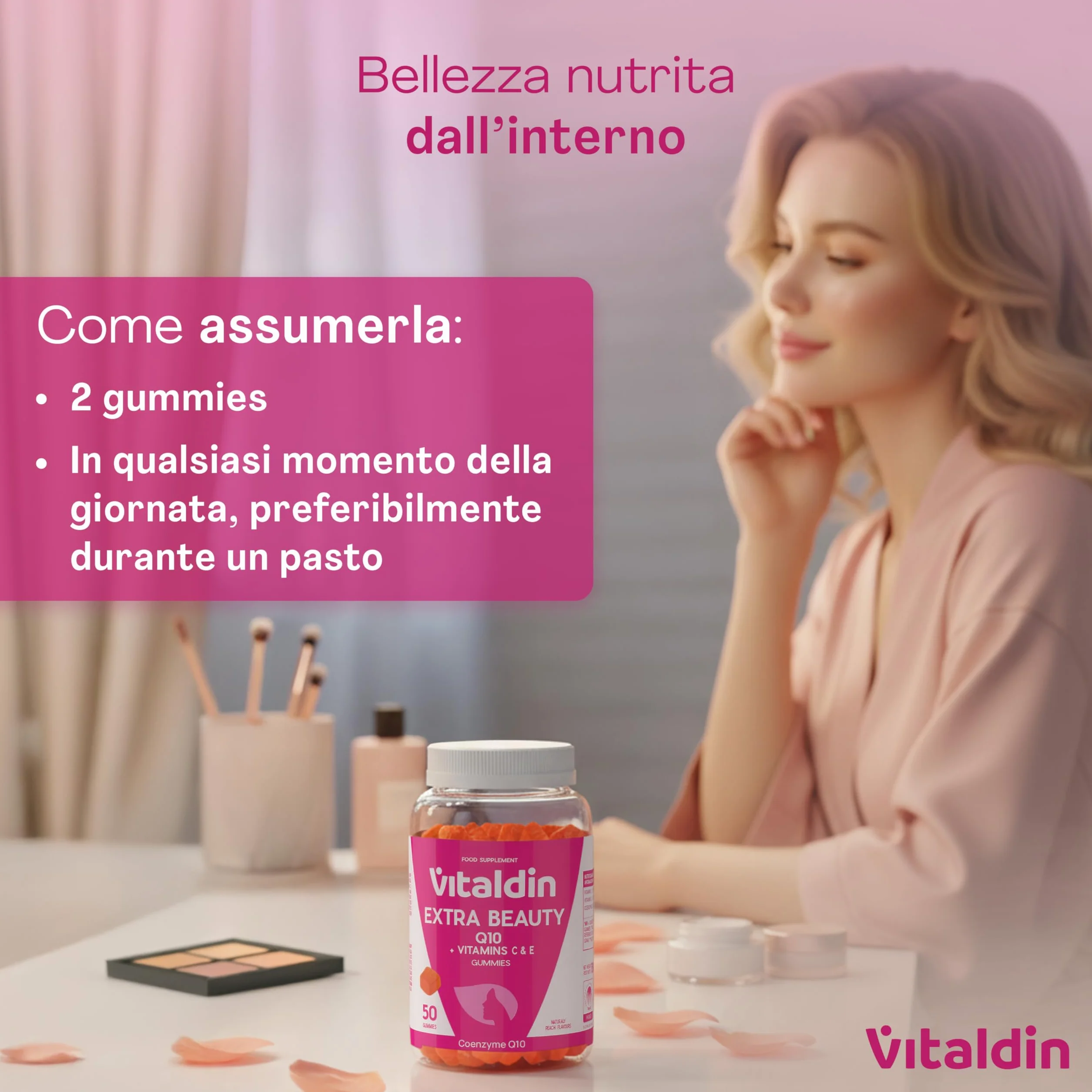 VITALDIN Coenzima Q10 Gummies – Integratore di Bellezza – 200 mg di CoQ10 per dose + Vitamina C & E – 50 Caramelle Gommose (fornitura per 1 mese), Gusto Pesca – Antiossidante – Senza Glutine
