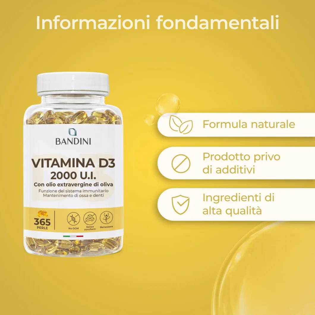 Bandini® Vitamina D3 2000 UI 365 Softgels, Alto Dosaggio 50μg, Vitamine D Colecalciferolo in perle, In Olio Extravergine di Oliva per Assorbimento Ottimale, Ossa, Denti, Muscoli, Sistema immunitario