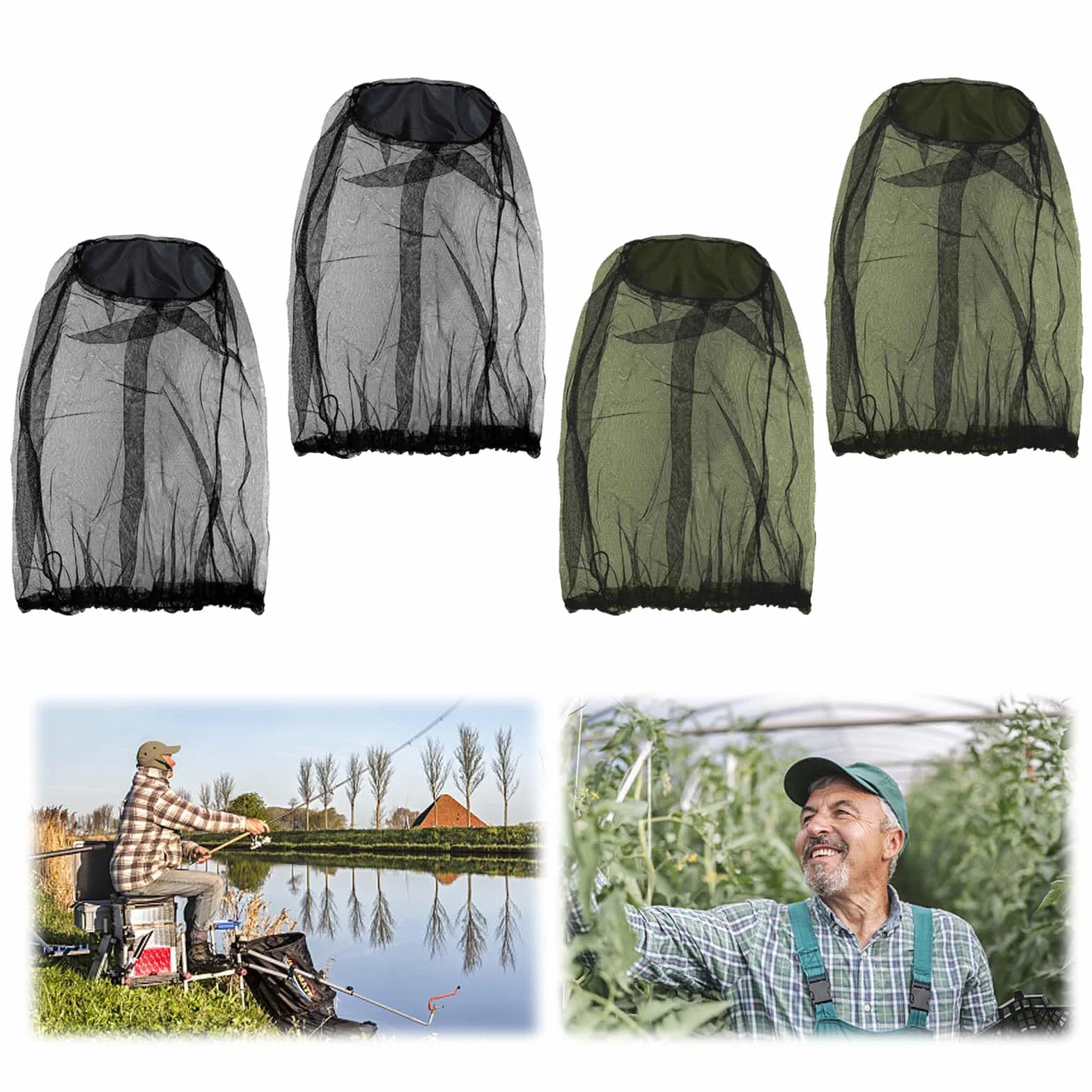 Anti-Zanzara Cappello Rete Protezione Testa Insetti Maglia Fine 4 Pezzi Nero e Verde