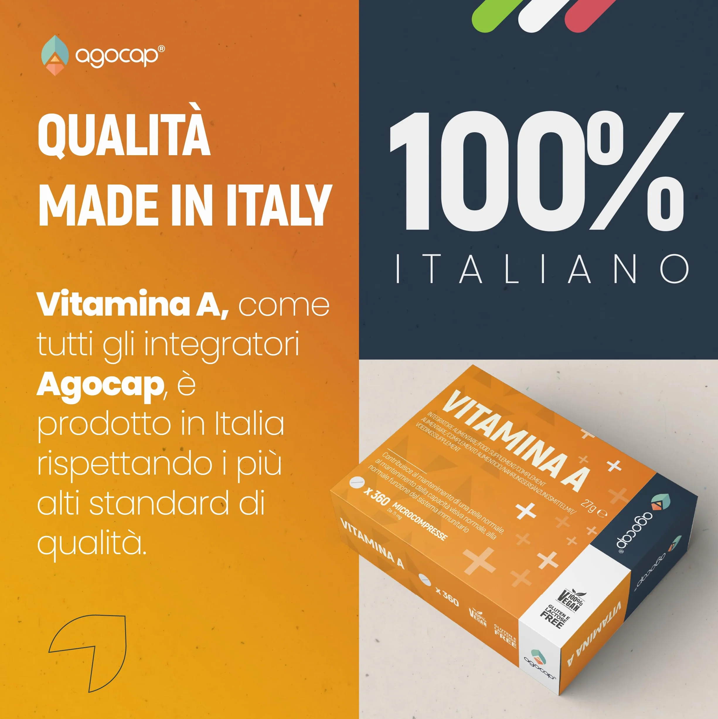 Vitamina A pura, 360 microcompresse ad alto dosaggio | 1200mcg per compressa di Vitamina A, 4000ui ad alta biodisponibilità | Agocap, Integratore Vitamin A, fatto in Italia