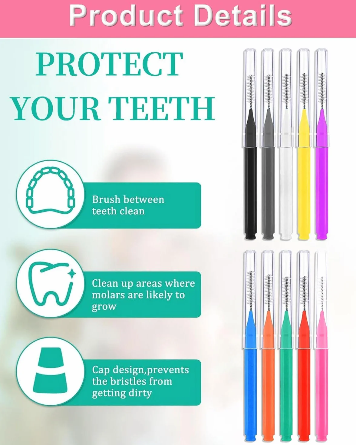 50 Pezzi Scovolini Interdentali,Scovolino per Pulizia Denti con Coperchio per Apparecchi Dentali,Scovolino Denti Morbido per Pulizia Interdentale,L'Igiene Orale(10 Colori)
