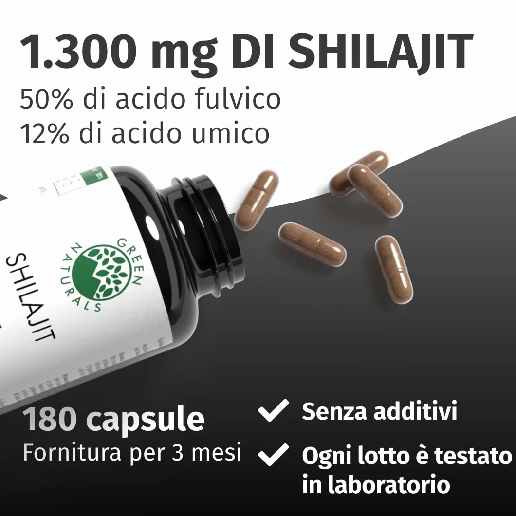 Green Naturals® Shilajit Himalaya Originale – 1.300 mg per dose giornaliera (estratto 10:1) – 50% acido fulvico & 12% acido umico – Scorta 3 mesi – 180 capsule