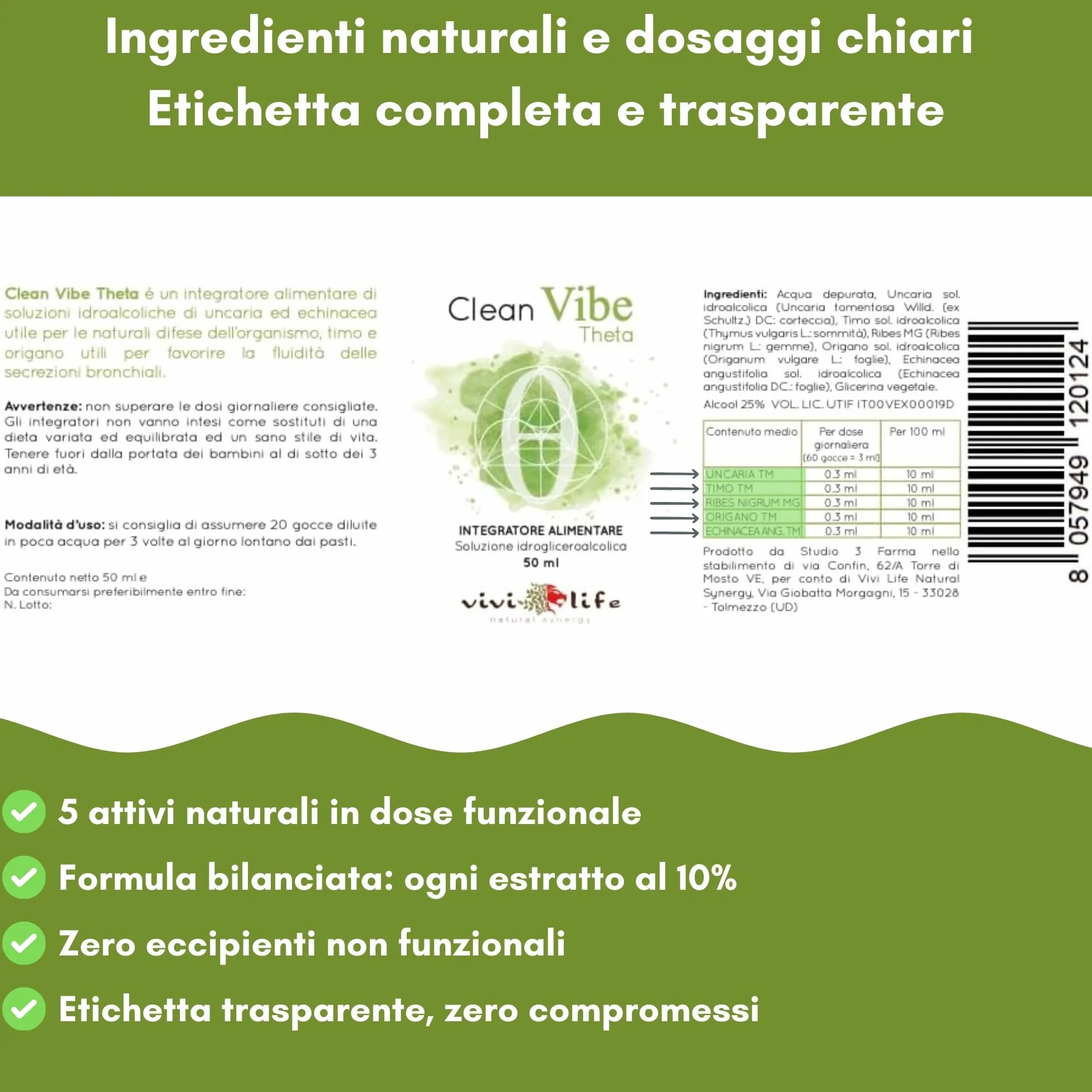 Clean Vibe Theta 50 ml Integratore Naturale per Difese Immunitarie con Uncaria, Timo, Origano, Ribes, Echinacea