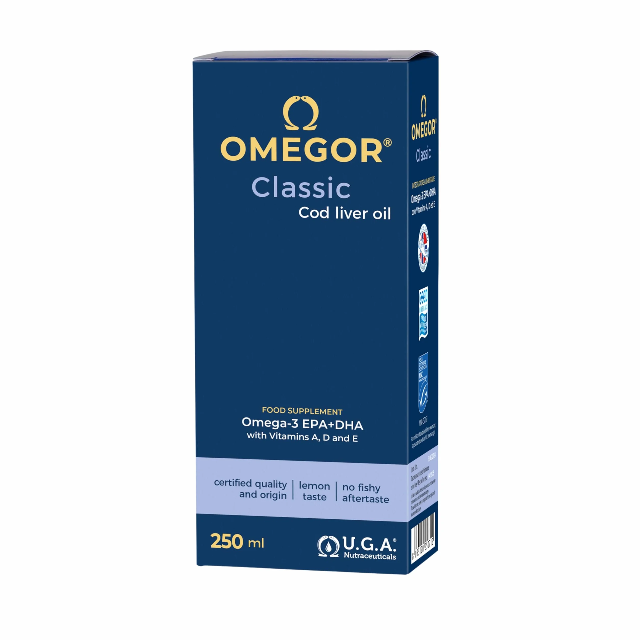 OMEGOR Classic Olio di Fegato di Merluzzo Liquido 250ml - Omega 3 1000mg con Vitamine A, D, E - 540mg DHA 360mg EPA