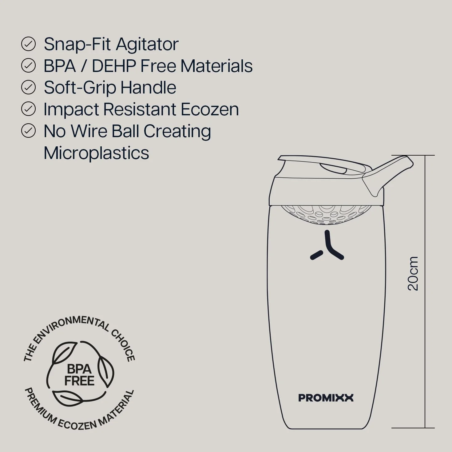 Promixx Pursuit Shaker Proteico – 760ml Miscelatore Silenzioso Snap-Fit per Frullati Senza Grumi – Ermetico Senza BPA Ecozen con Segni Misurazione Fitness – Nero