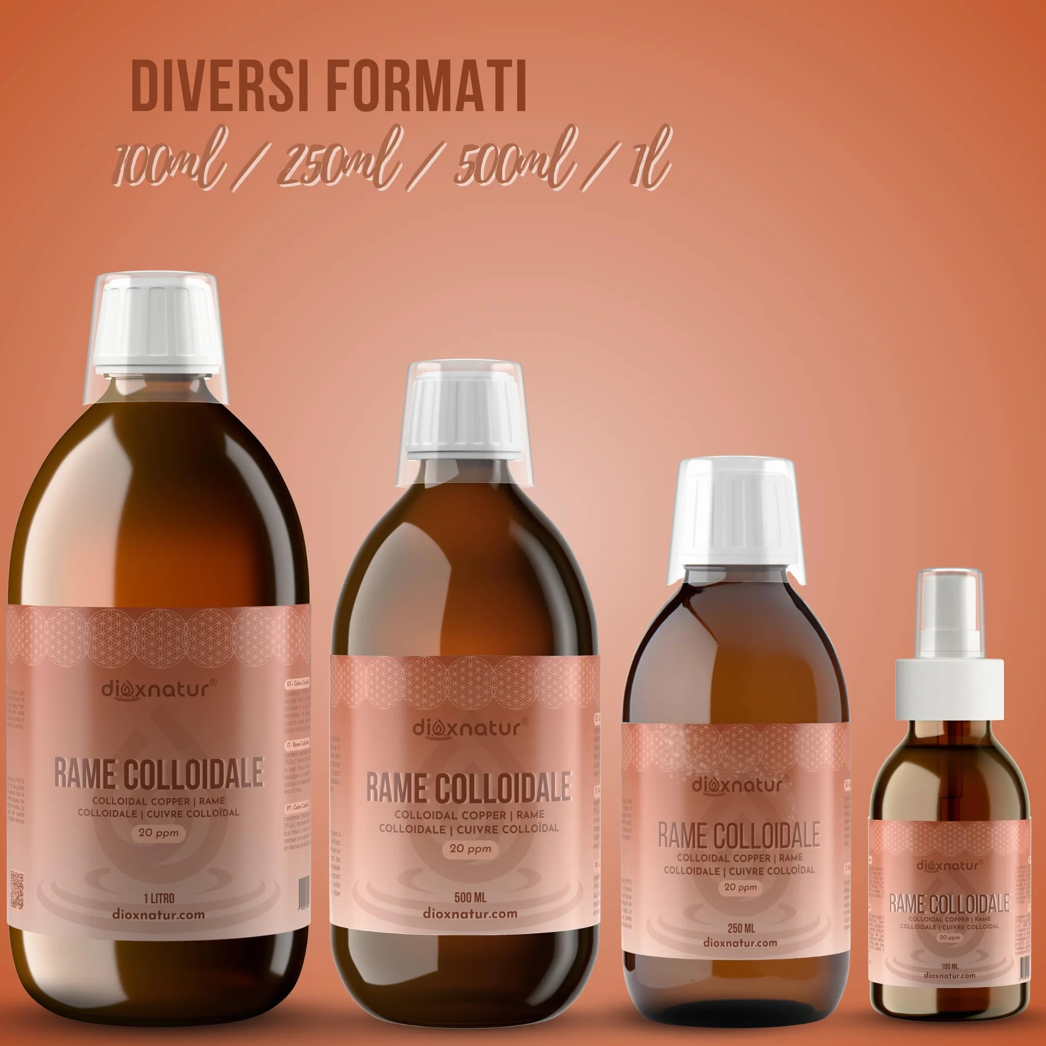 Rame Colloidale 100 ml - 20 ppm - 99,99% Purezza - Soluzione Liquida con Acqua Bidistillata - Flacone Vetro Ambra con Spray