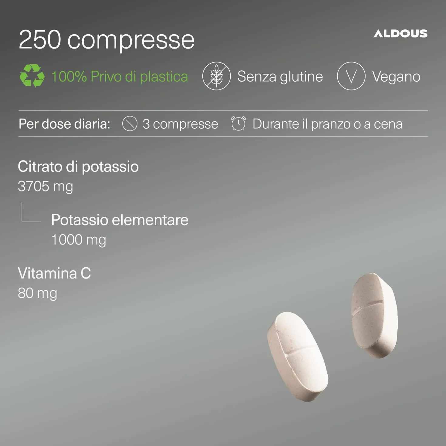 Potassio Citrato 3705 mg - 250 Compresse - 1000mg Potassio Elementare Alto Dosaggio - Potassio Integratore per Adulti - Muscoli, Stanchezza e Pressione Sanguigna, Sistema Nervoso - ALDOUS