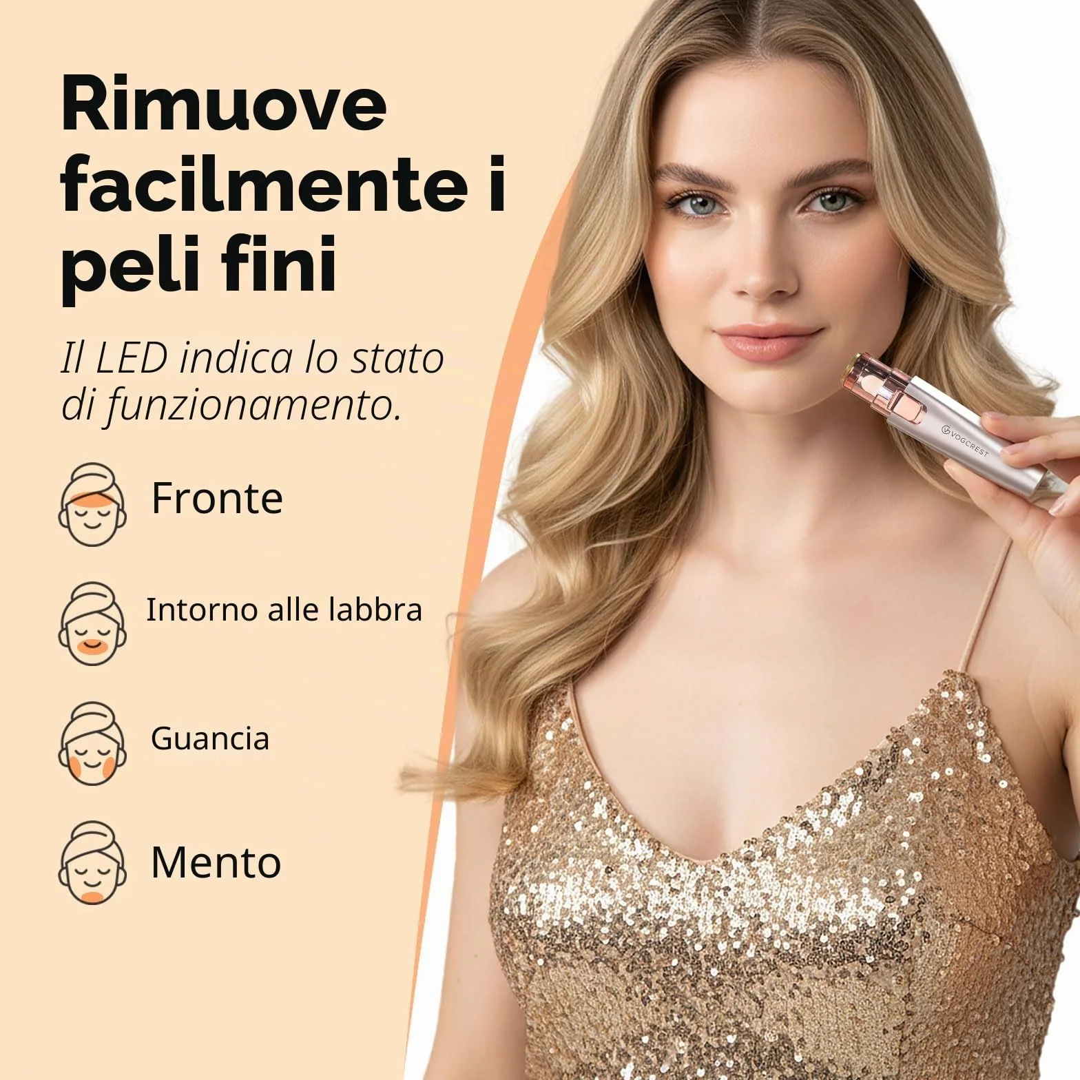 VG VOGCREST Rasoio per sopracciglia e viso 2 in 1 ricaricabile con luce LED, oro rosa