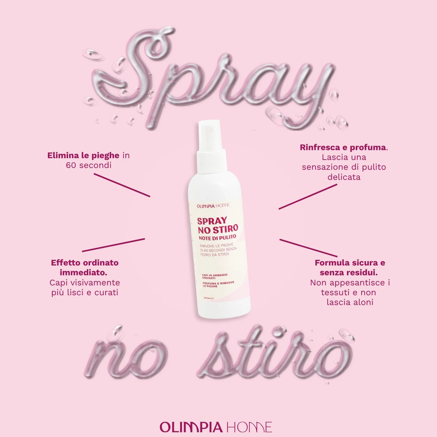 Spray Anti Piega Ml.200 Rimuove Pieghe 60 Secondi Senza Ferro da Stiro per Lenzuola Tende Camicie Tessuti Casa Profumo Fresco Bucato Made in Italy