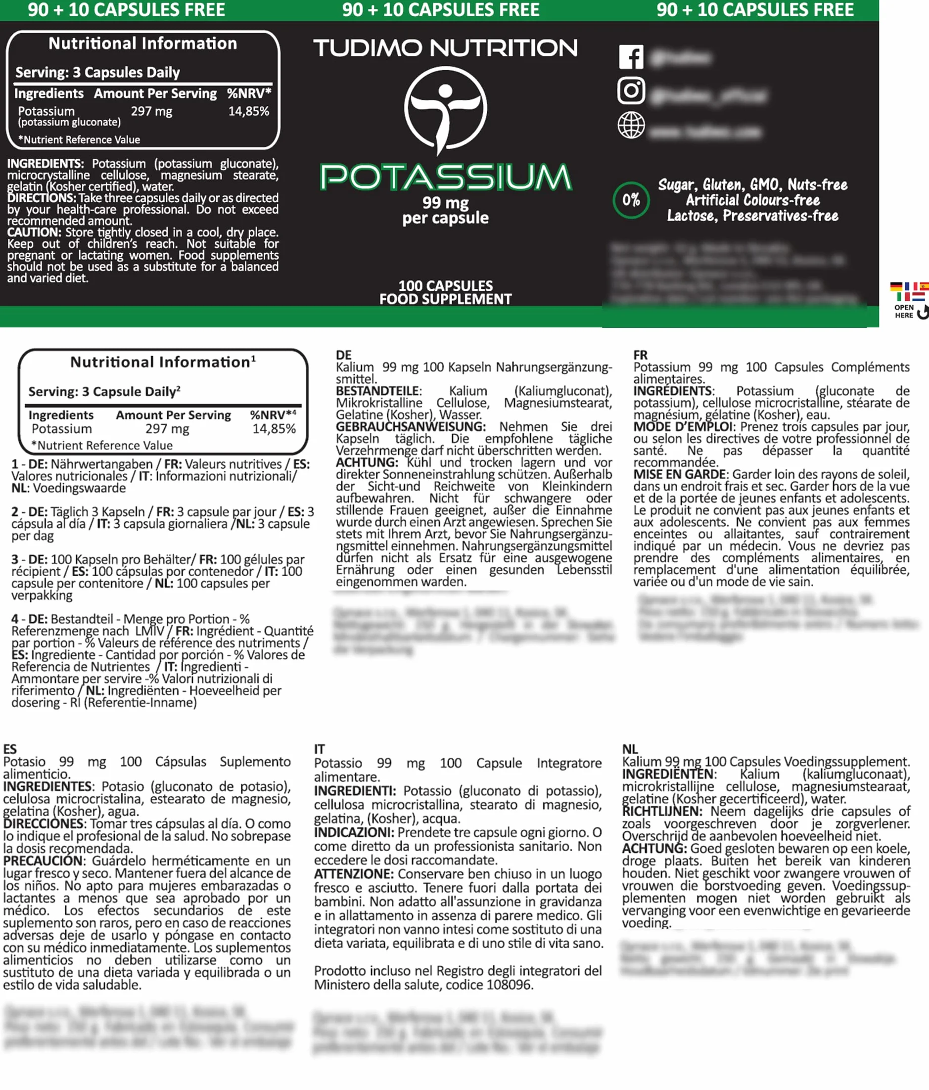 Potassio Integratore Capsule 99mg - 100 pz di Capsule a Disgregazione Rapida con 99 mg Gluconato di Potassio Polvere Puro Qualità Premium