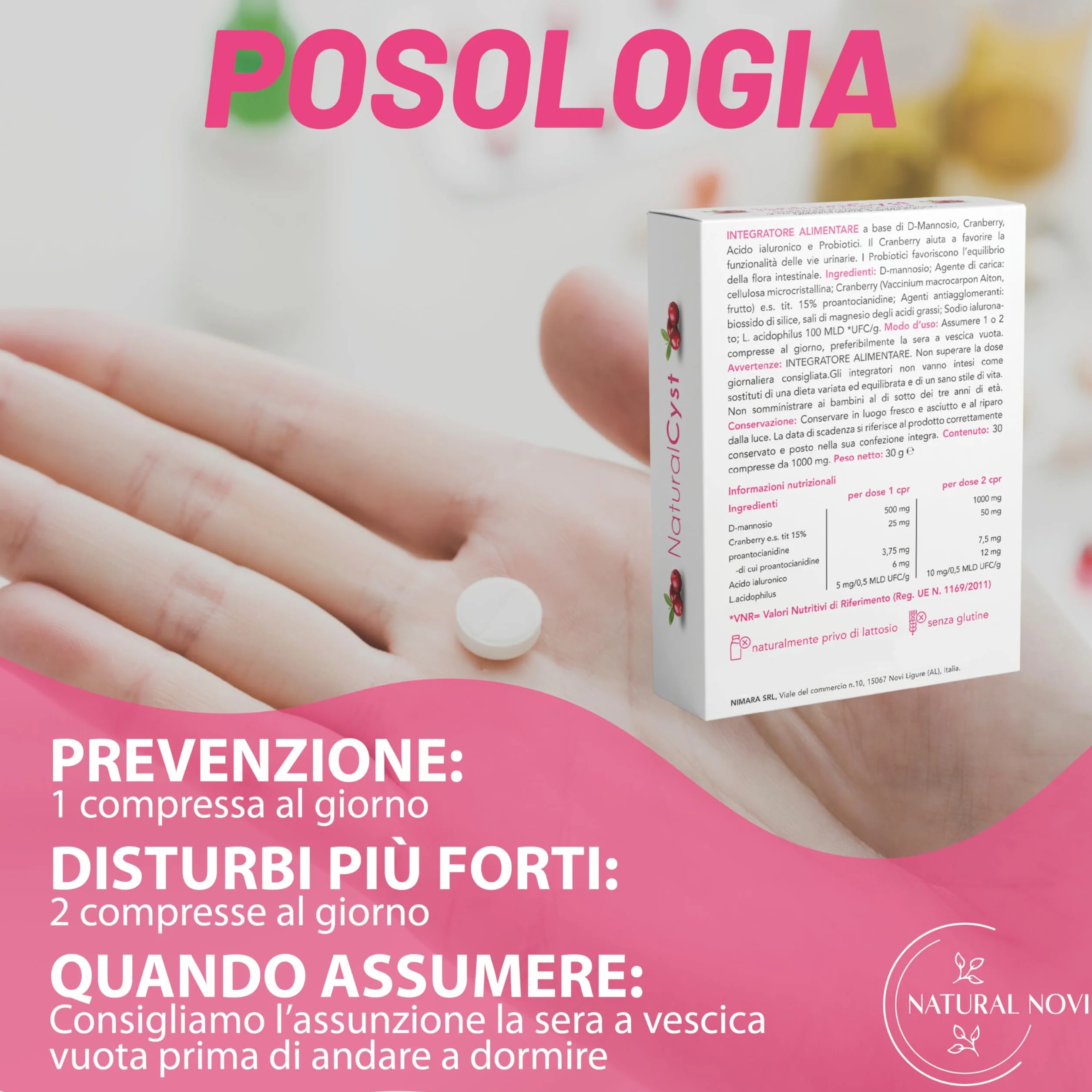 NaturalCyst® D-mannosio puro con fermenti lattici probiotici Acido Ialuronico Mirtillo rosso per Candida e infezioni vie urinarie Vegan