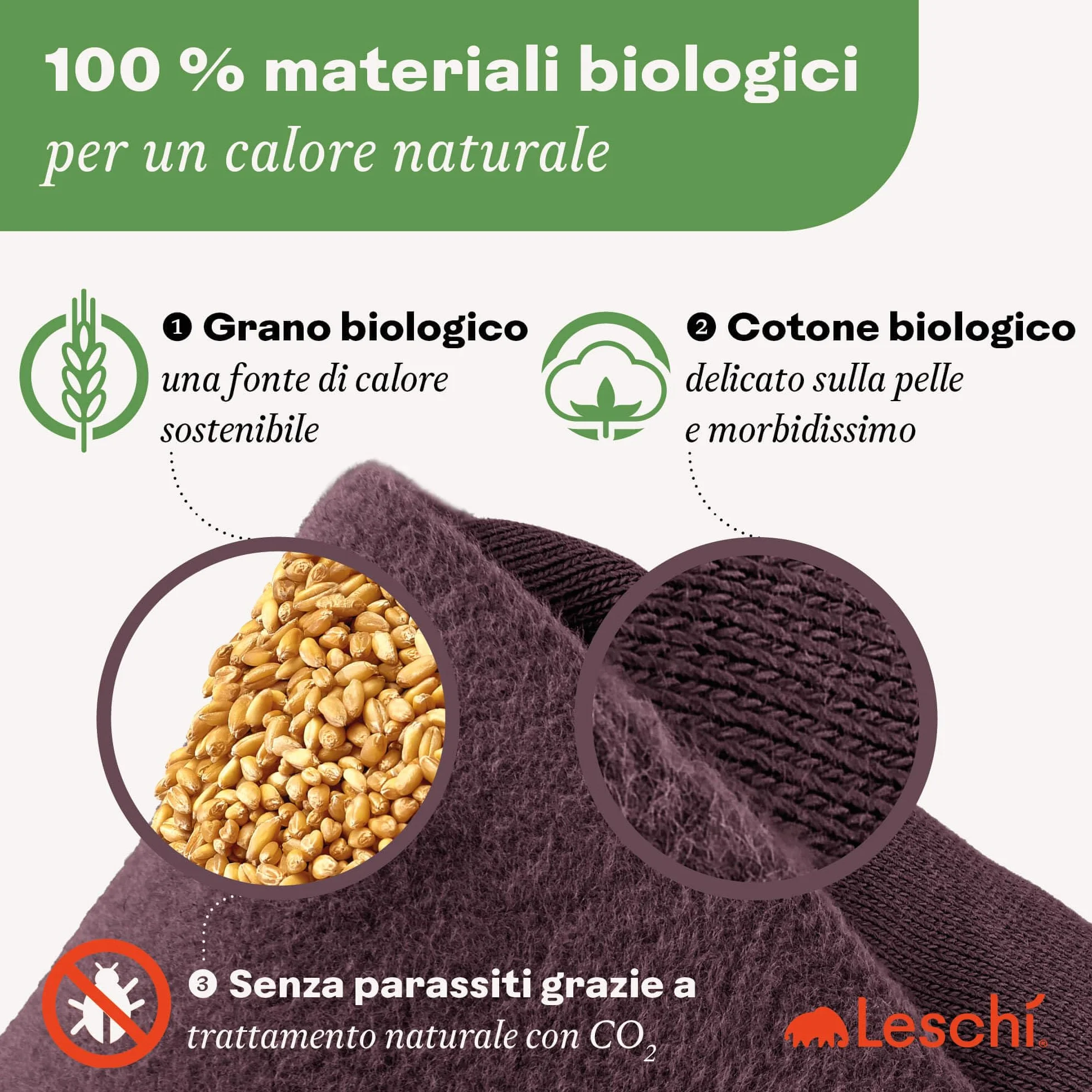 LESCHI Cuscino termico per microonde - In cotone bio con grano biologico - Cuscino riscaldante per dolori mestruali, alla pancia, schiena e zona lombare - Naturale, riutilizzabile - Teddy, viola