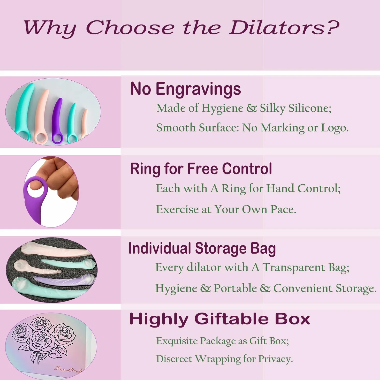 Dilatatori per Pavimento Pelvico Donna, Allenatore Muscolare Progressivo, 5 Pezzi a Colori Pastello, Design Curvo ad Anello
