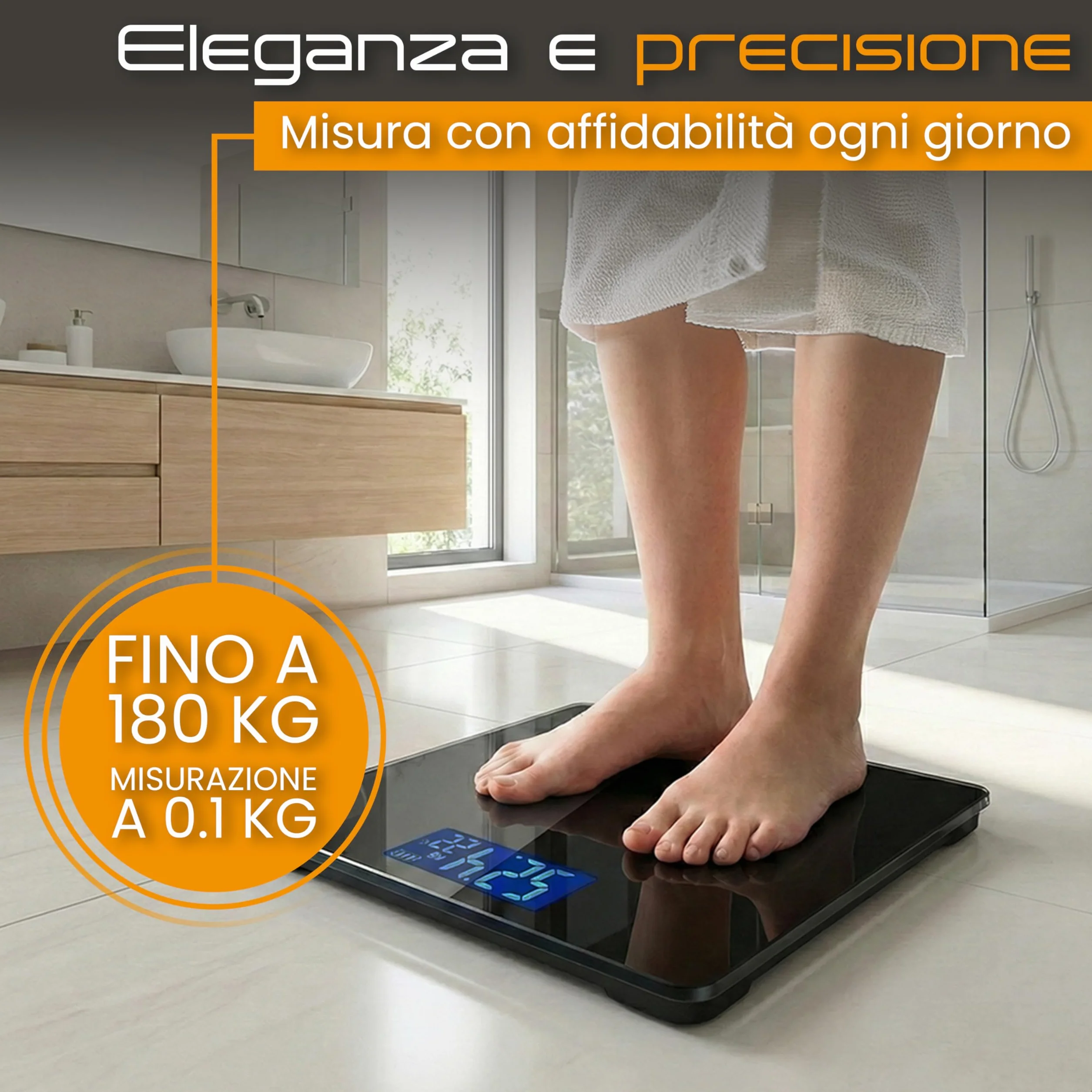 Bilancia Pesapersone Digitale STAKIRA 180 kg 0.1 kg USB Ricaricabile Display LCD Vetro Temperato Nero Temperatura Integrata 26x26 cm