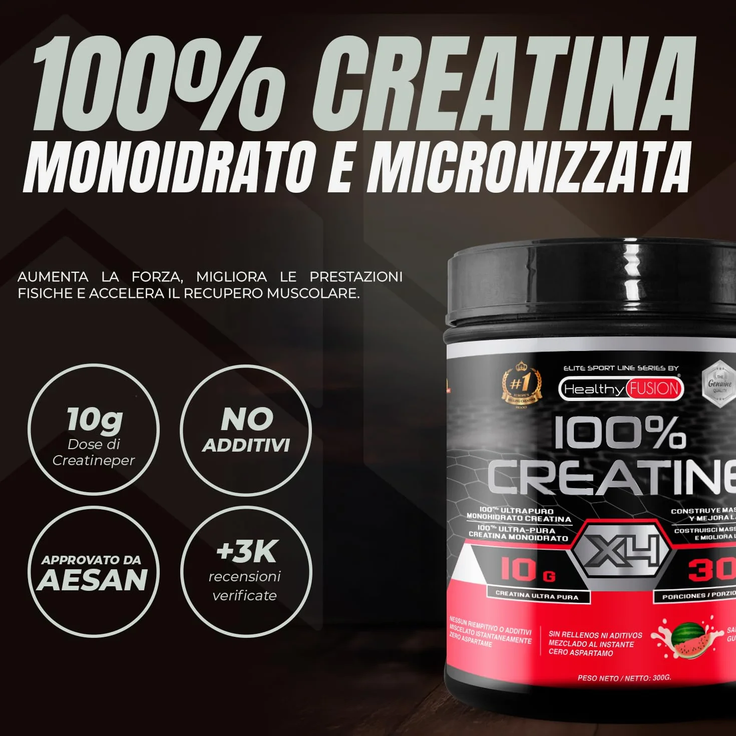 Healthy Fusion Creatina Monoidrato 300g Alta dose 10g per porzione gusto anguria
