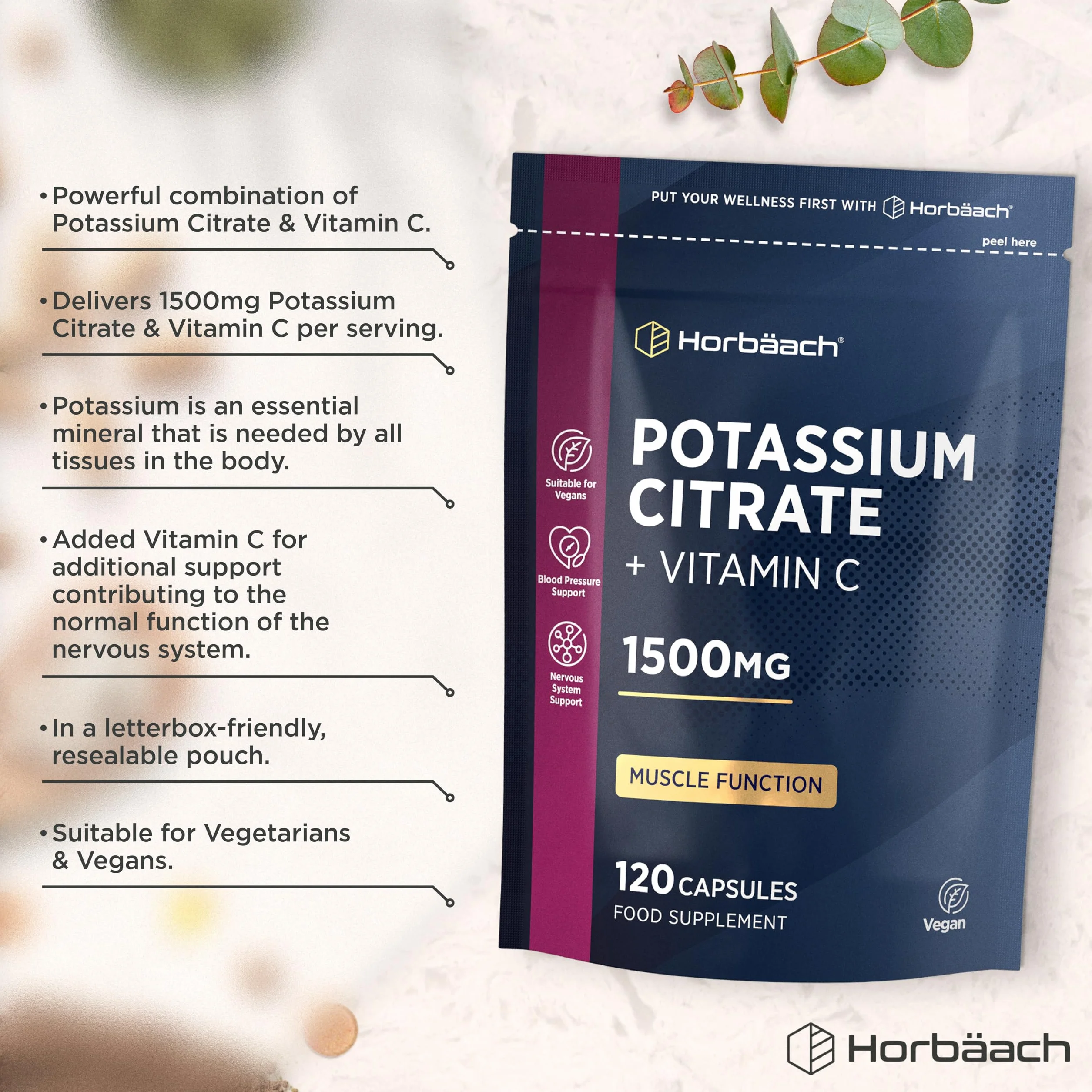 Citrato di Potassio con Vitamina C | 120 Compresse Vegane | 1500mg di Potassium Citrate | Aumento della massa muscolare e Elettroliti (EFSA) | Integratore di Potassio | Horbaach