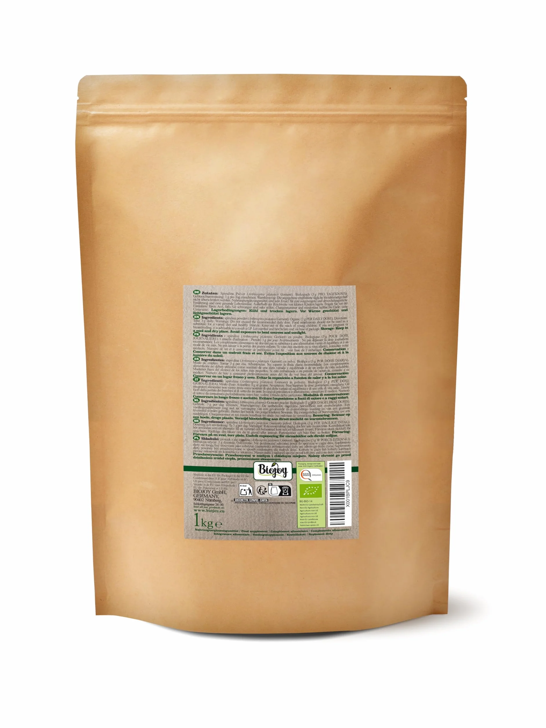 Biojoy Spirulina Biologica in Polvere 1 kg Pura Senza Additivi Arthrospira platensis